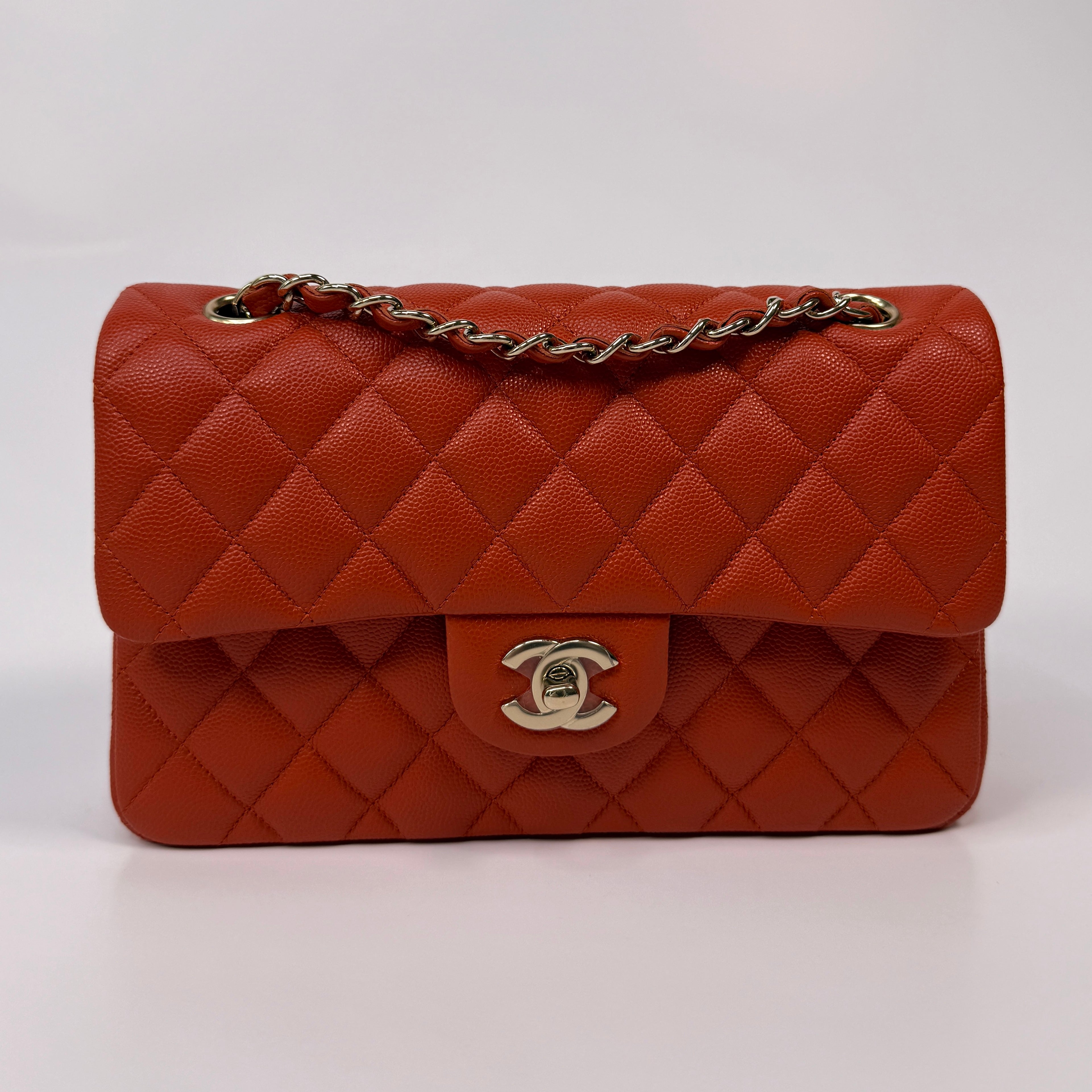 Chanel Small Classic Double Flap In Orange/Red Caviar Leather With PGHW