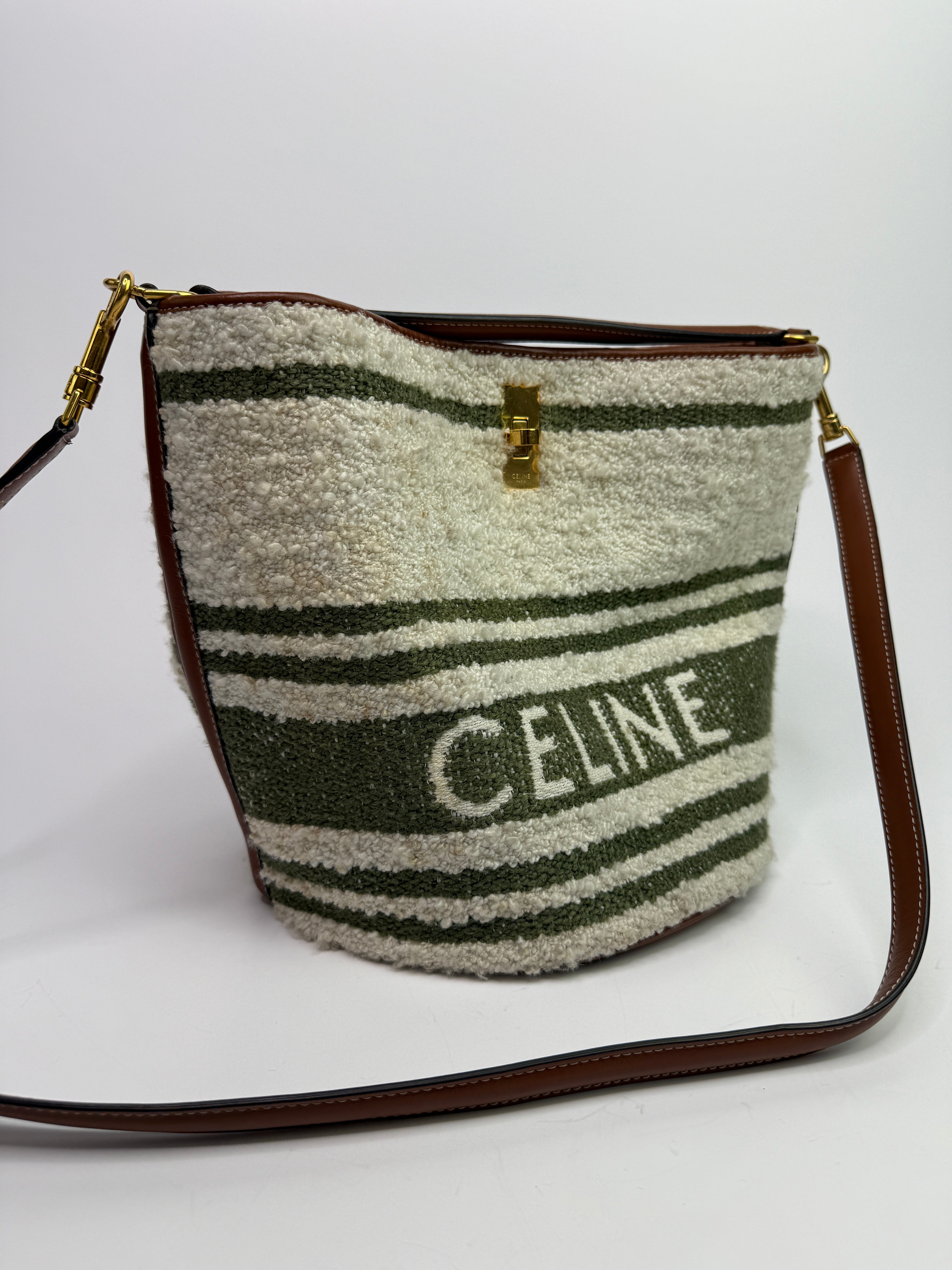 Celine Striped Tweed and Leather 16 Bucket Bag