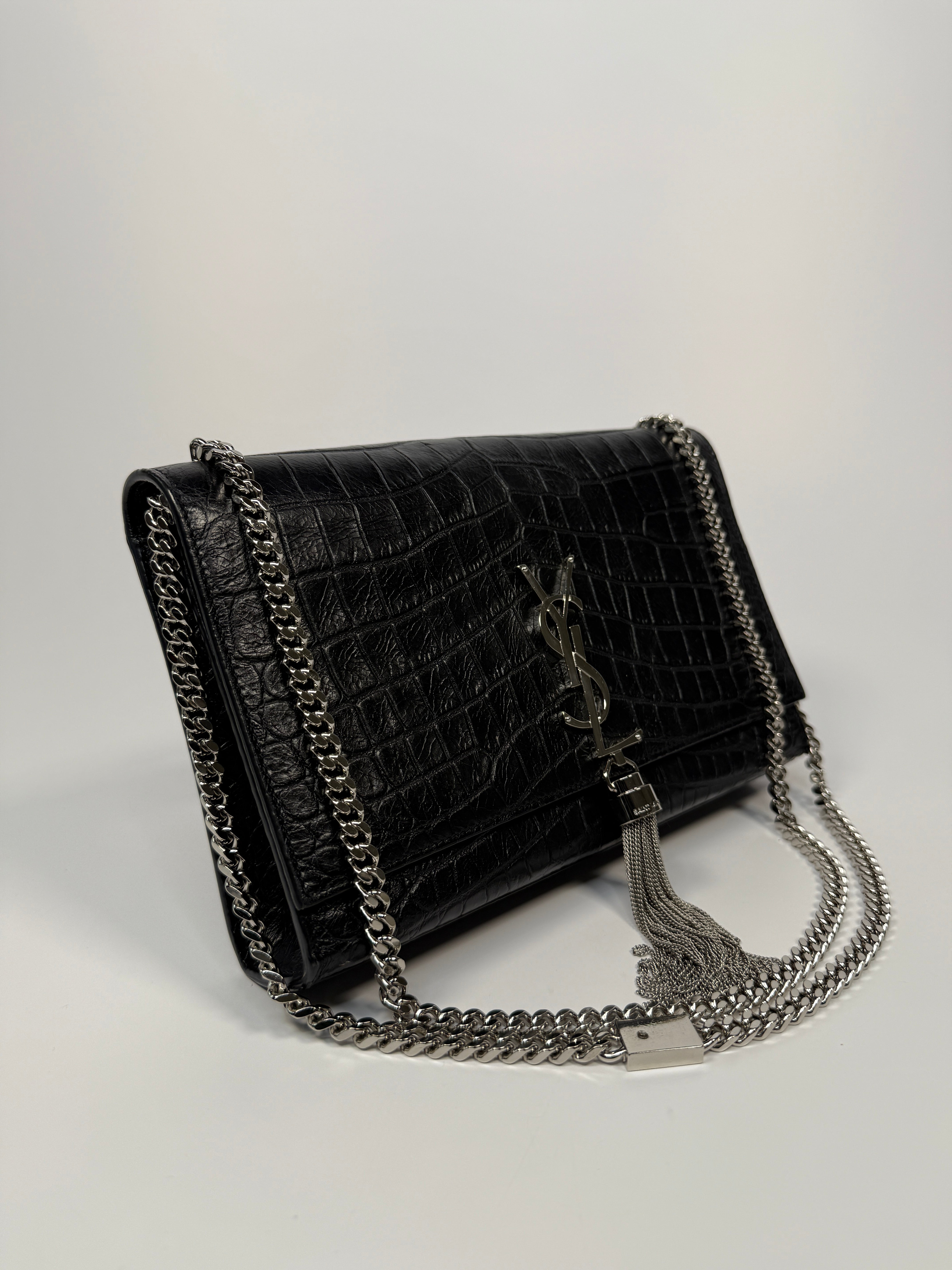 Saint Laurent Black Croc Embossed Kate Tassel Bag With Silver Hardware. Authentic and preloved in excellent condition.