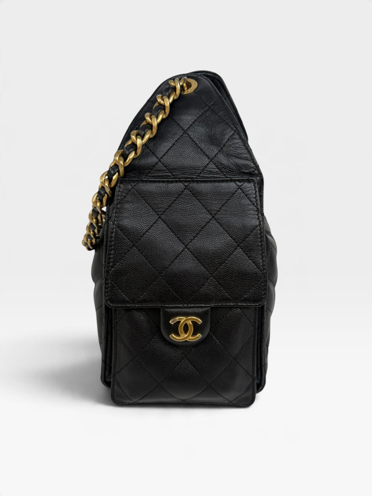 Chanel 25 Small In Black Caviar Leather With Aged Gold Hardware. 100% authentic and preloved in excellent condition
