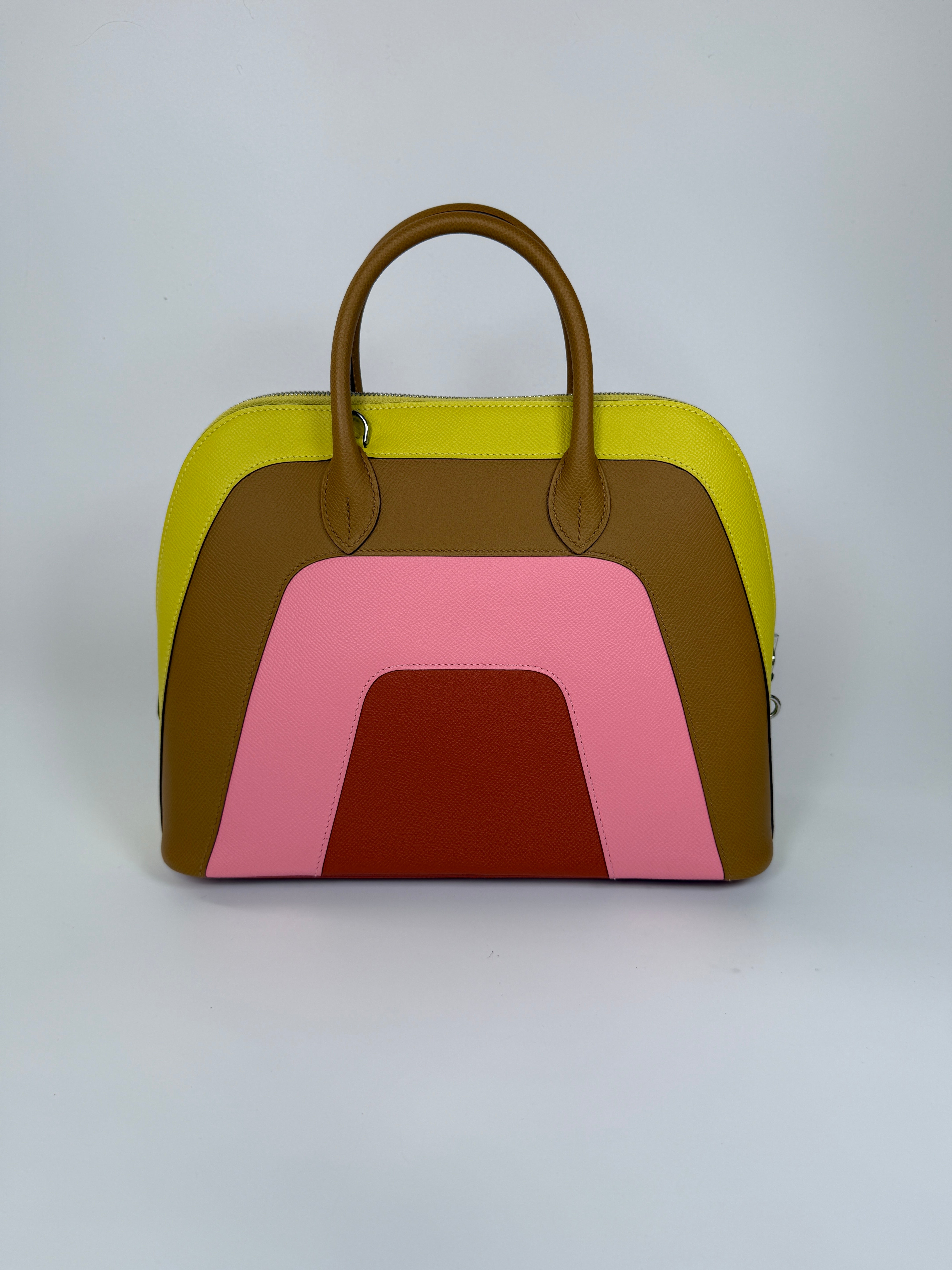 Authentic and preloved Hermès Bolide 30 Rainbow Sunrise Handbag With Palladium Hardware. 100% Authenticity Guarantee