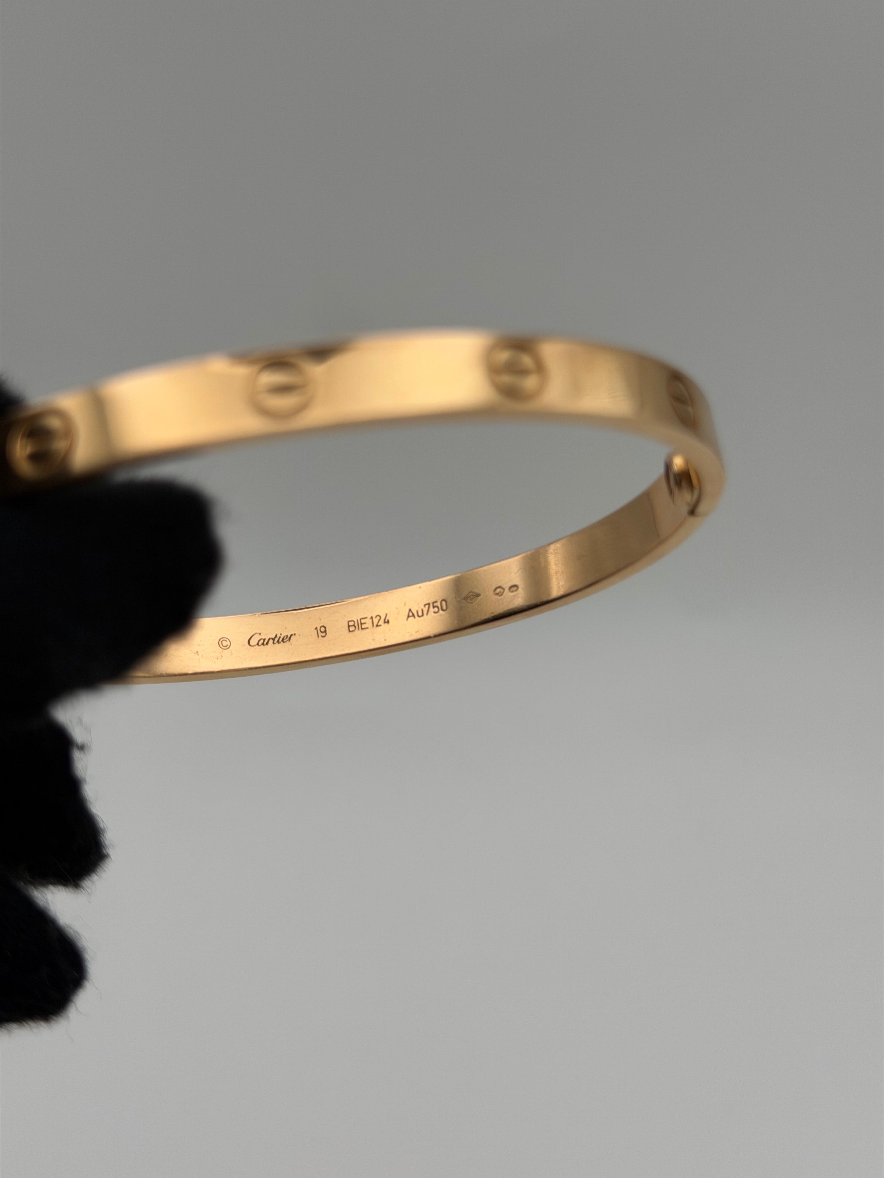 Cartier Love Bracelet in Rose Gold Classic Model (Size 19). 100% authentic and preloved in excellent condition.