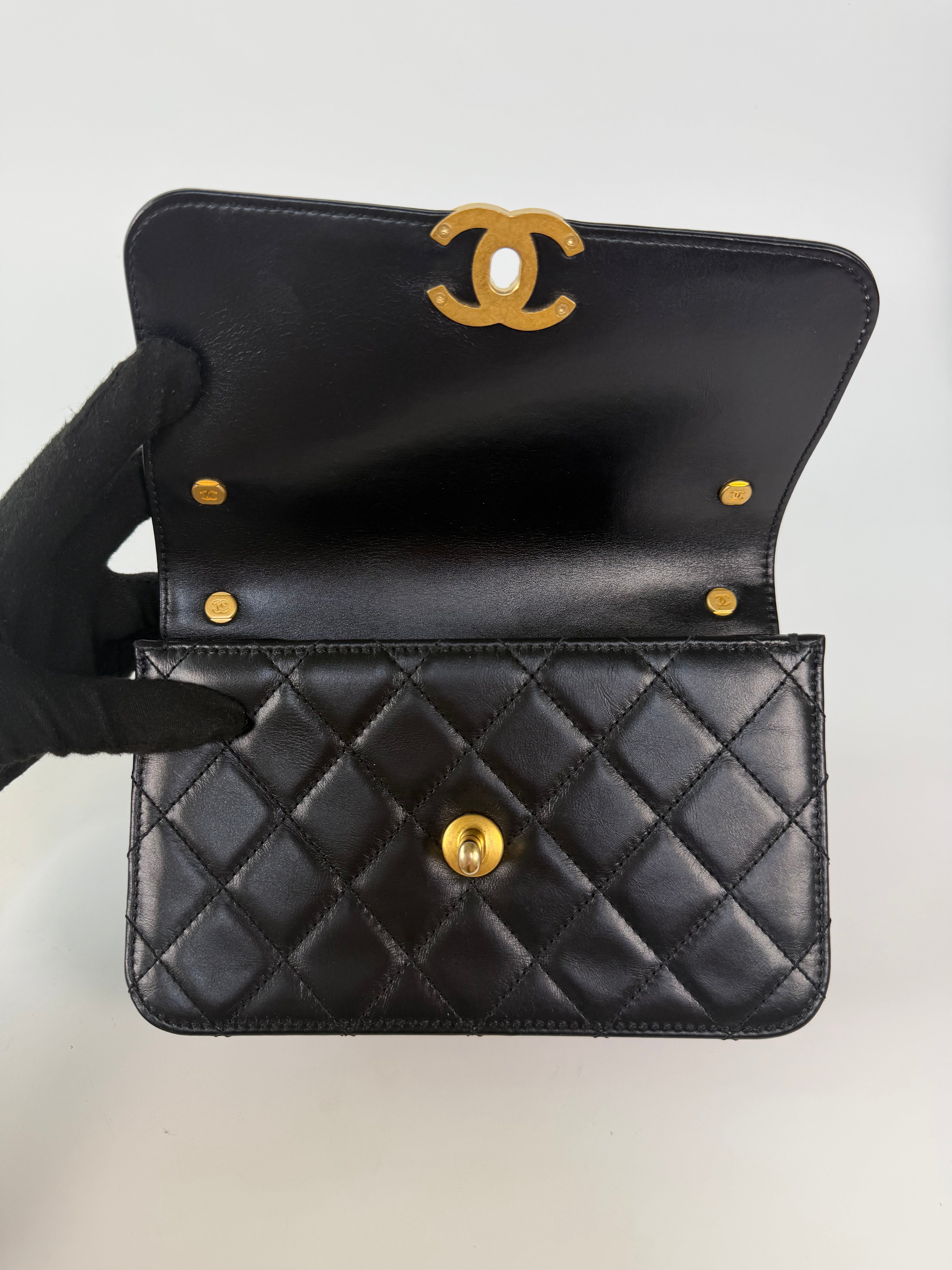 Chanel Mini Perfect Fit Flap In Black Lambskin With Antique Gold Hardware 100% authentic and preloved in excellent condition