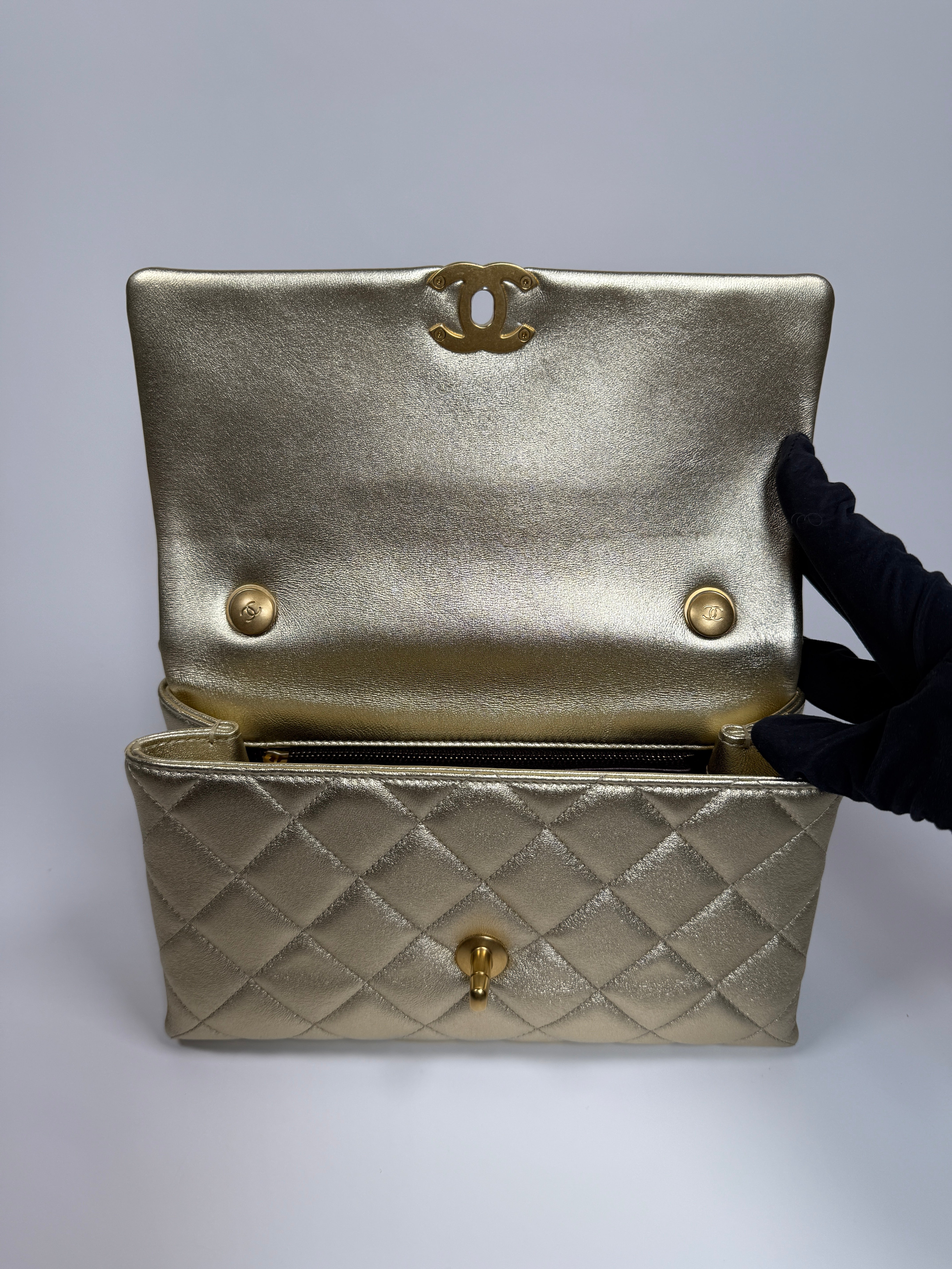 Chanel Mini Pearl Top Handle Flap Bag Metallic Gold Lambskin With GHW