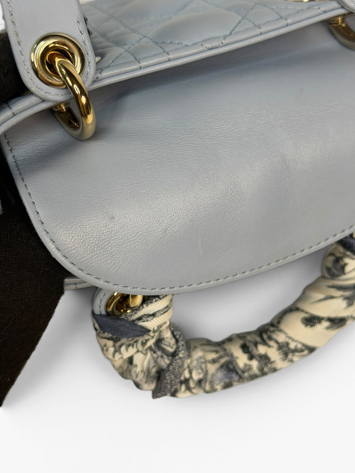 Christian Dior Mini Lady Dior In Pale Blue Cannage Leather With Pale Gold Hardware. 100% Authentic and Preloved in excellent condition. 100% Guarantee
