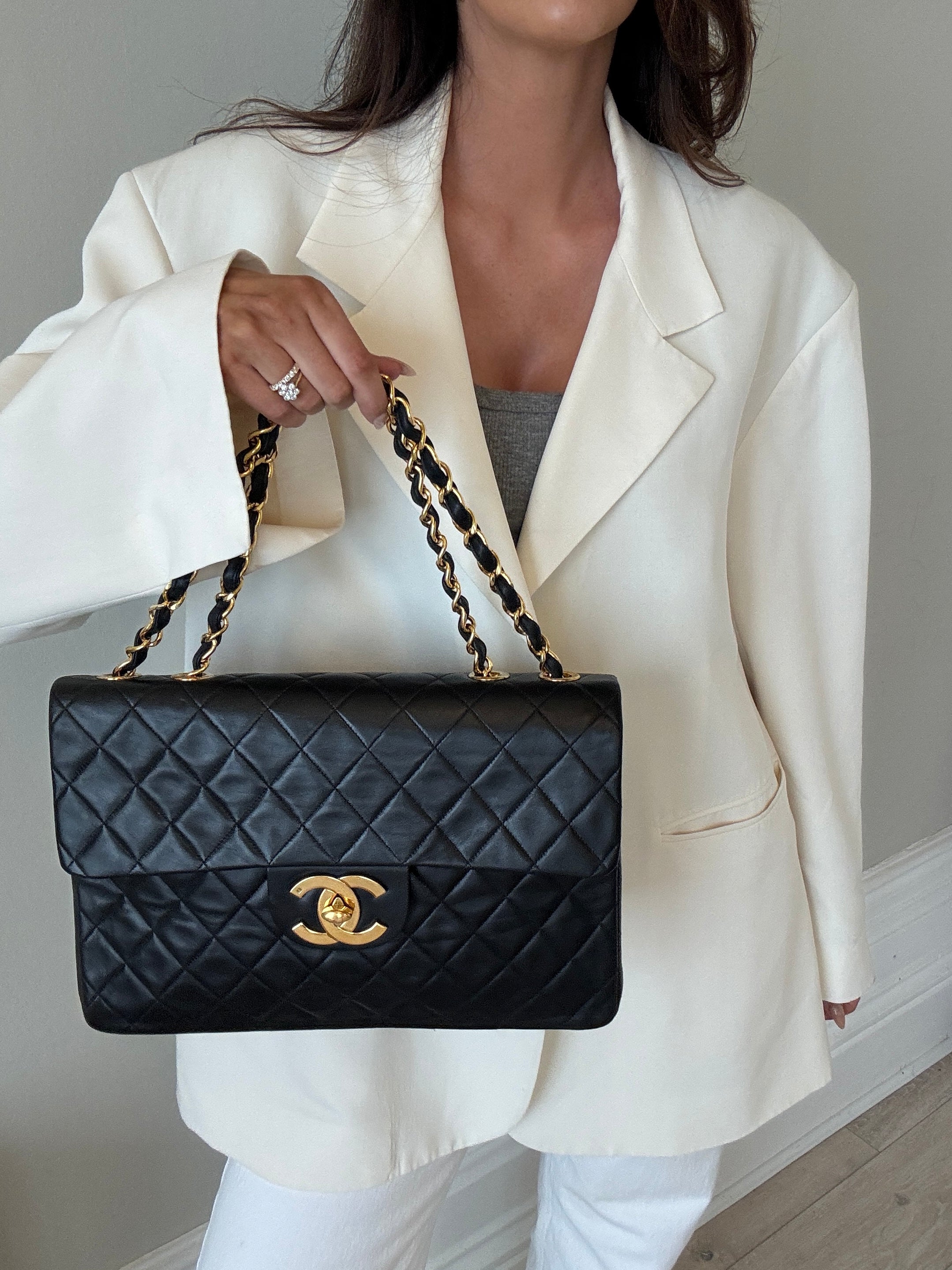 Chanel Vintage XL Maxi Flap Bag In Black Lambskin