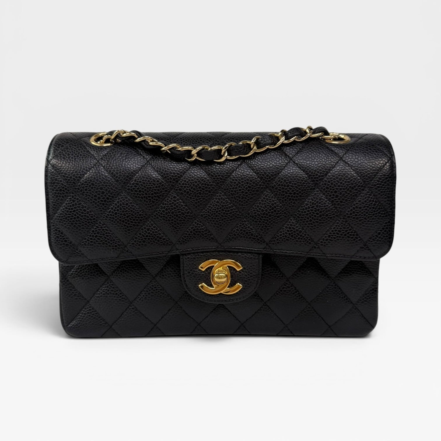Chanel Small Classic Double Flap In Black Caviar Leather With Gold Hardware. 100% authentic and preloved in excellent condition