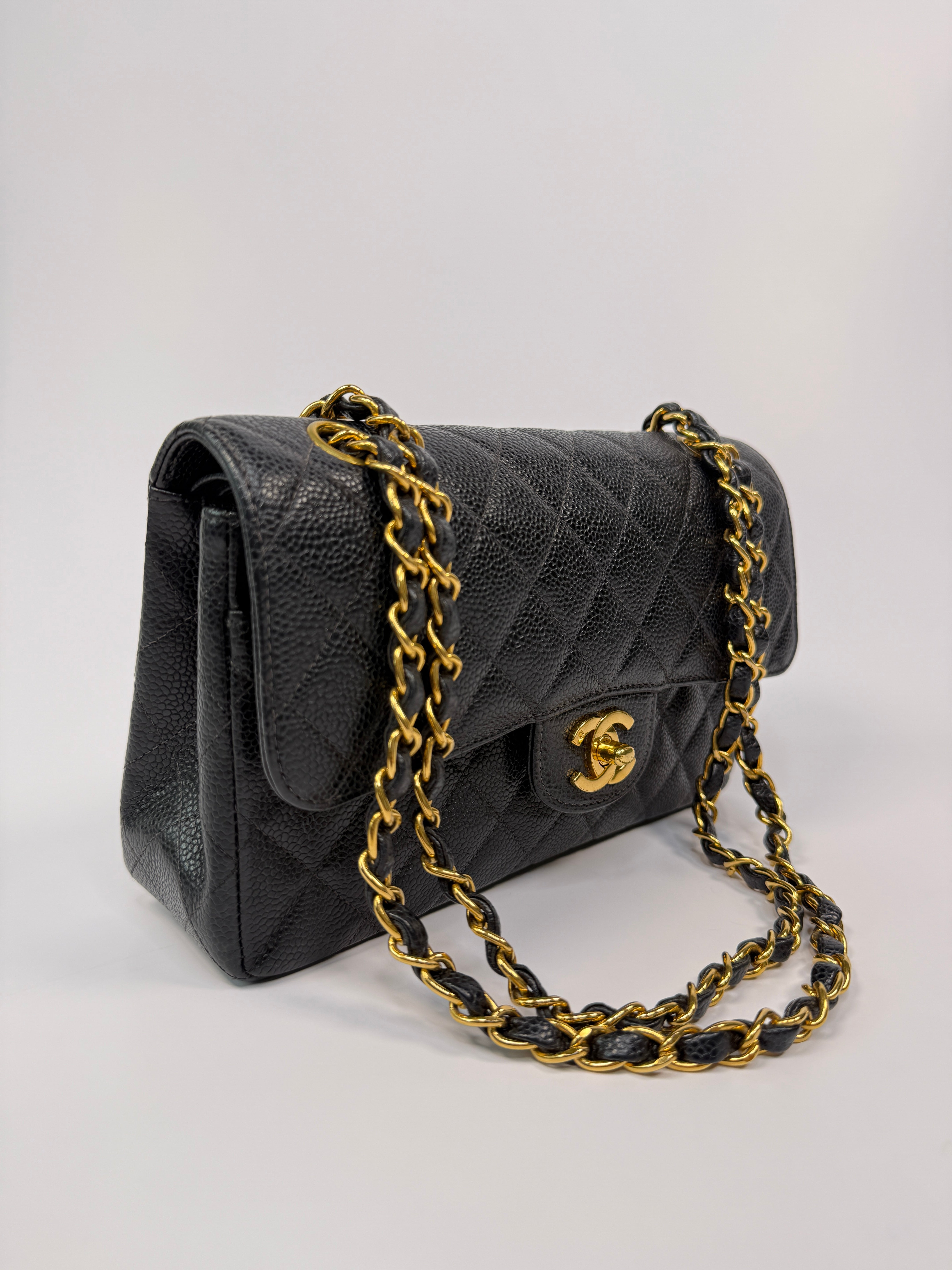 Chanel Vintage Small Classic Double Flap In Black Caviar Leather With GHW