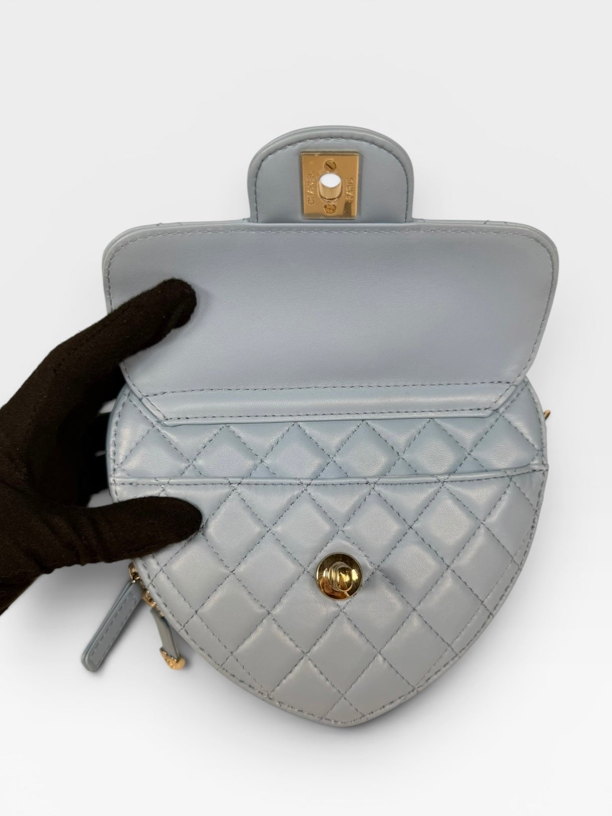 Chanel Heart Bag Large In Blue Lambskin Leather With Pale Gold Hardware. 100% authentic and preloved in excellent condition