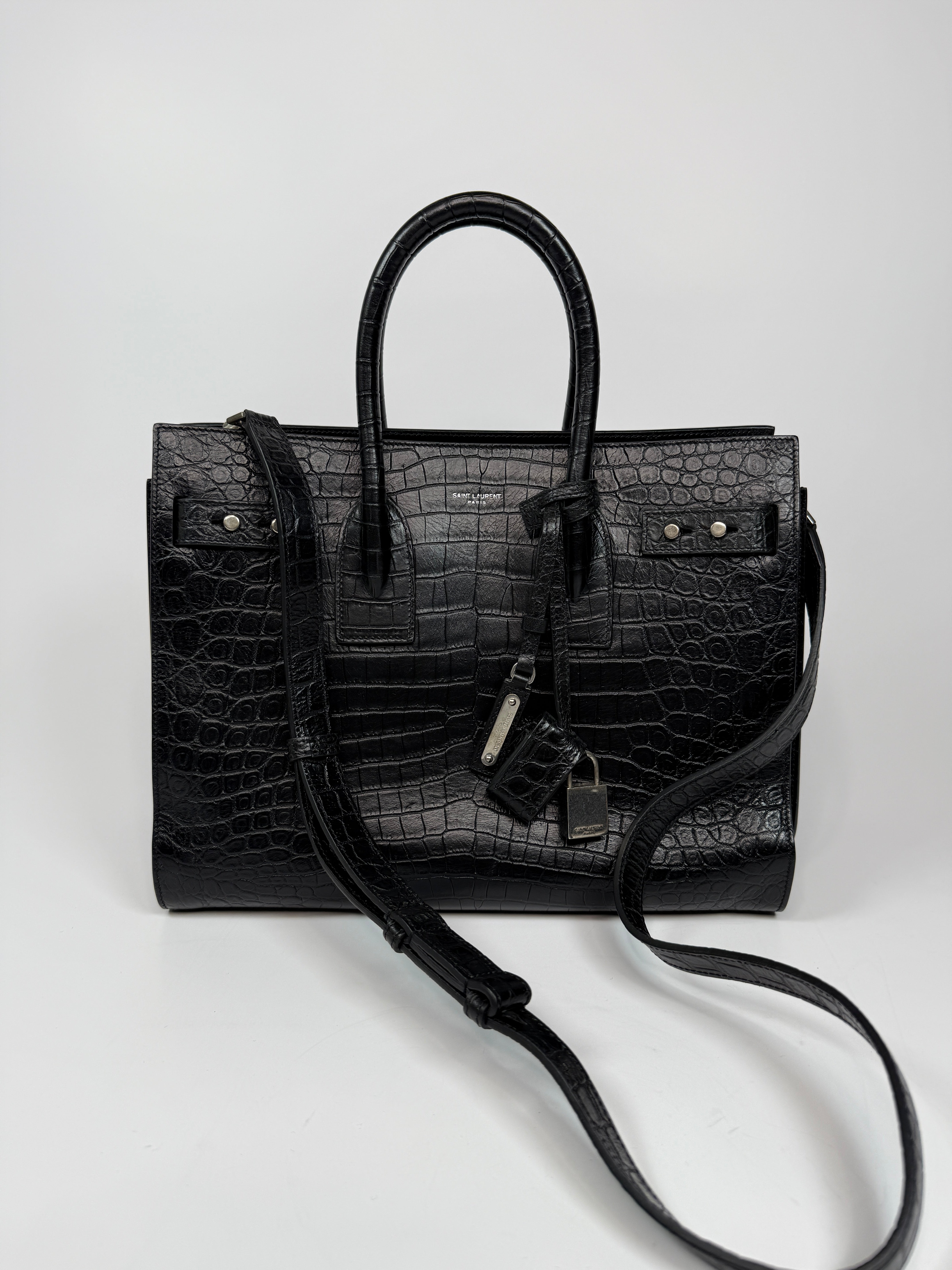 Saint Laurent Large Sac De Jour In Black Croc Embossed Leather With Silver hardware In excellent preloved condition Authentic and preloved.