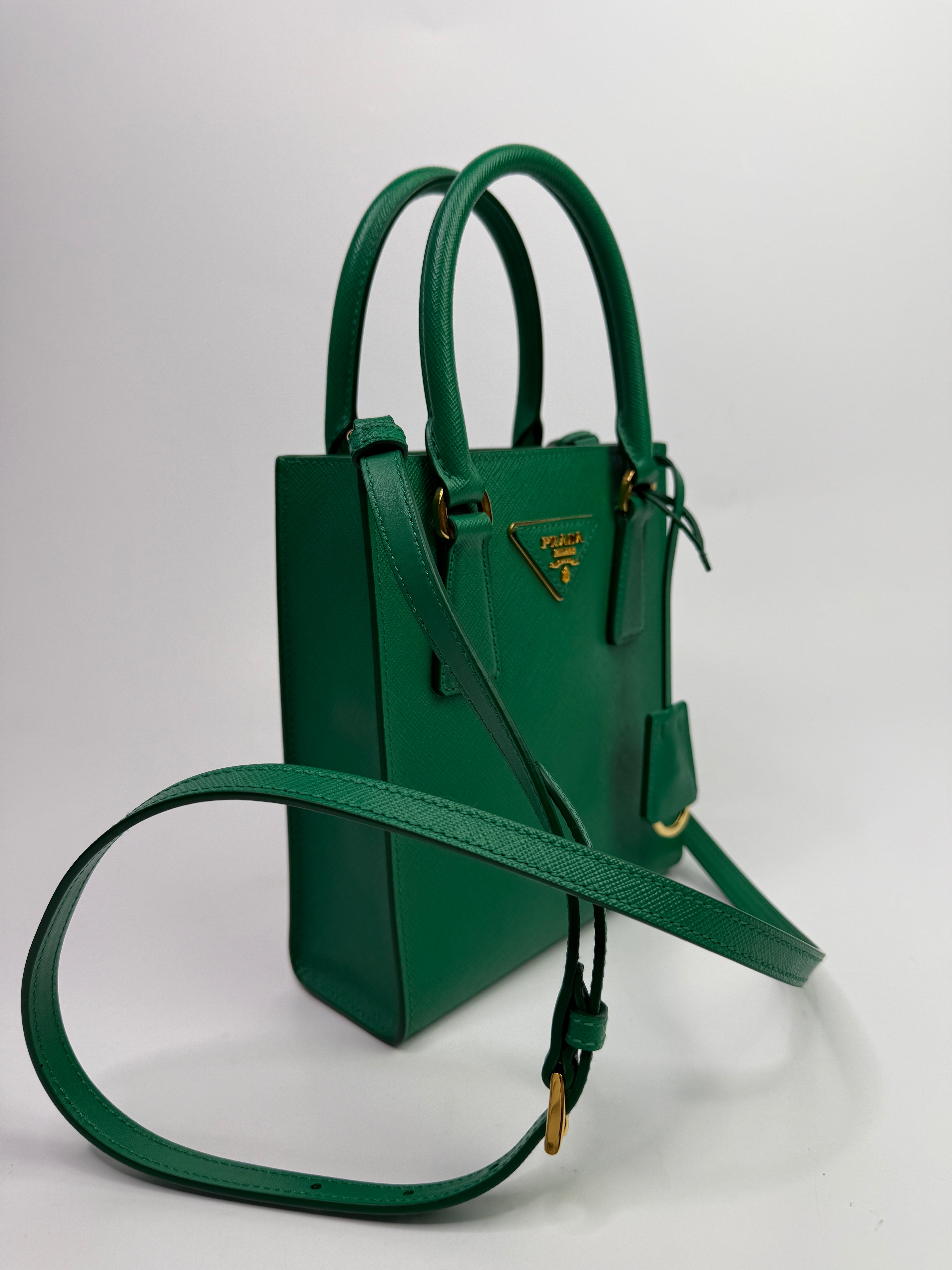 Prada Mini Tote In Green Saffiano Leather