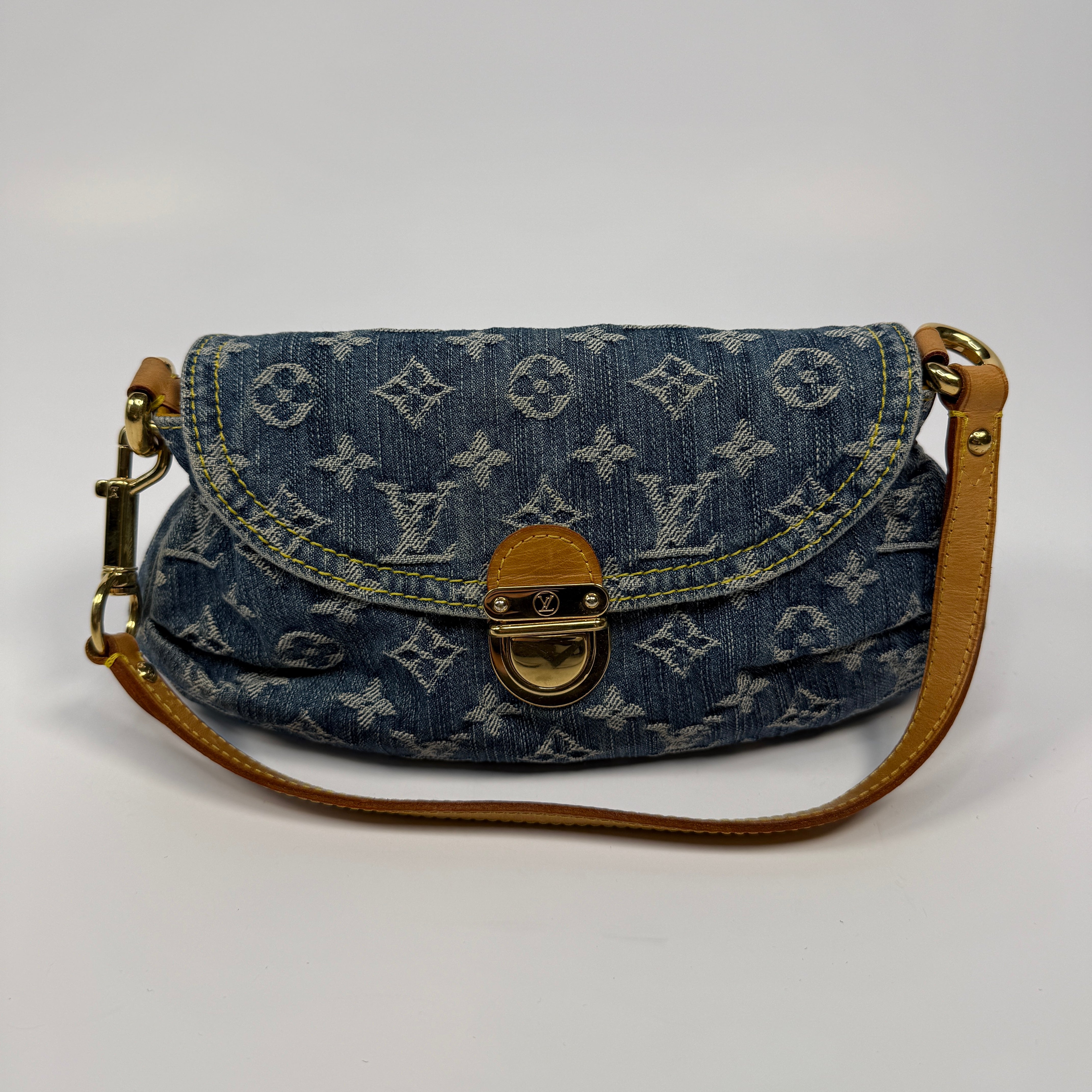 Louis Vuitton Mini Pleaty Bag In Denim Monogram With Gold Hardware, Authentic And Preloved In Excellent Condition