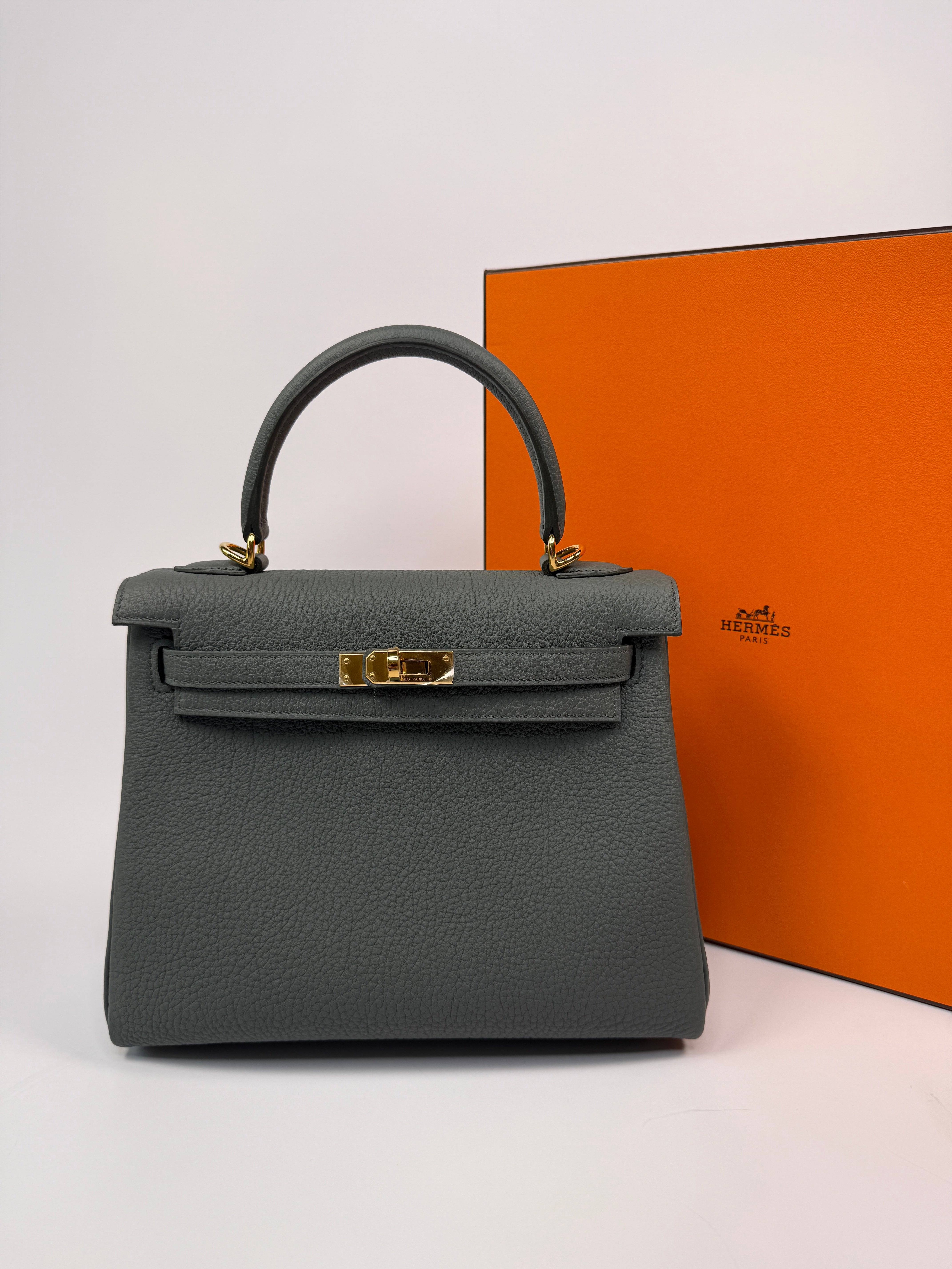Authentic Pre Loved Hermès Kelly 25 In Vert Amande Togo Leather With Gold Hardware New & Unused