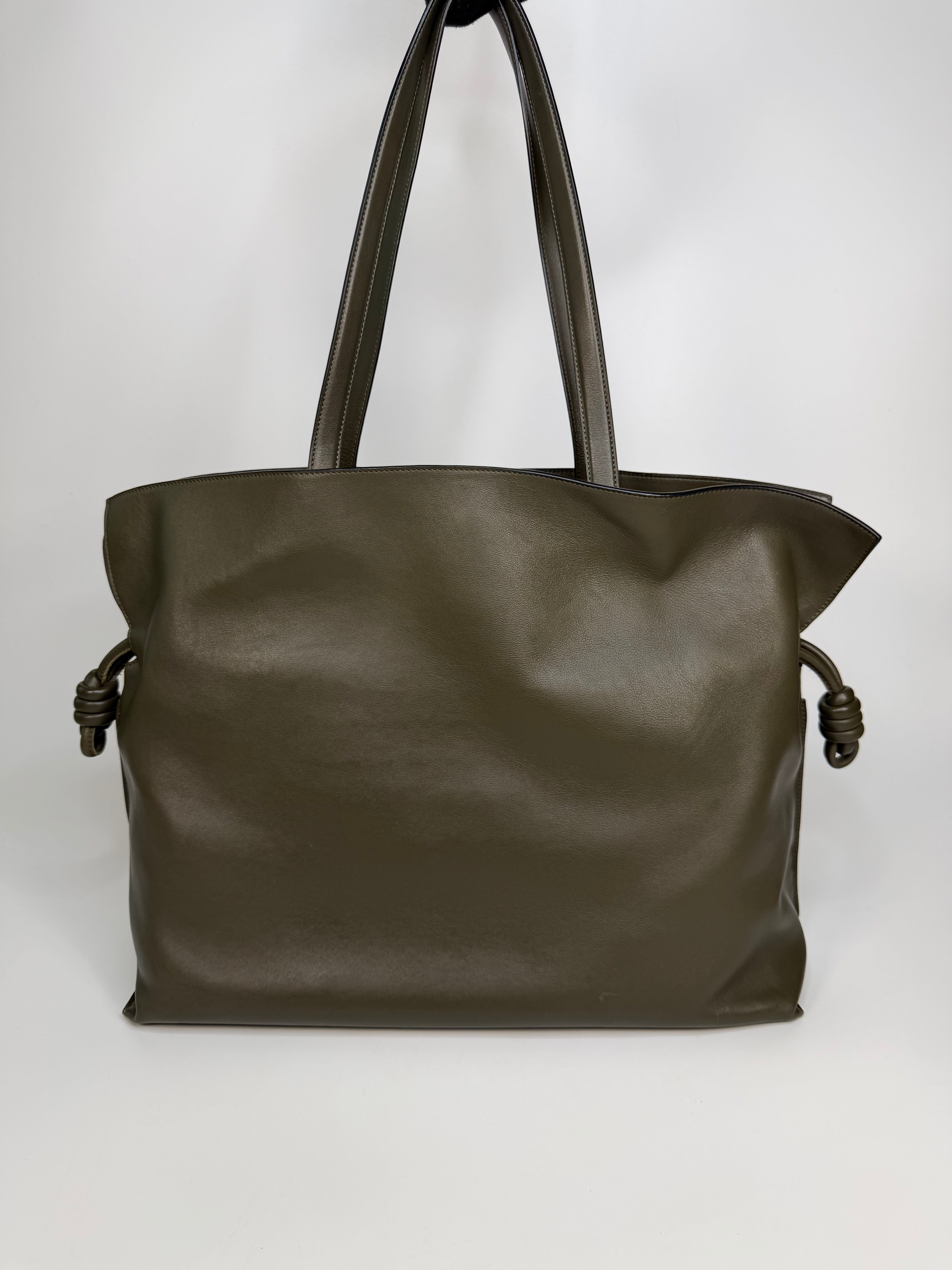 Loewe XL Flamenco Tote Bag In Khaki With Gold Hardware. Authentic and preloved in excellent condition