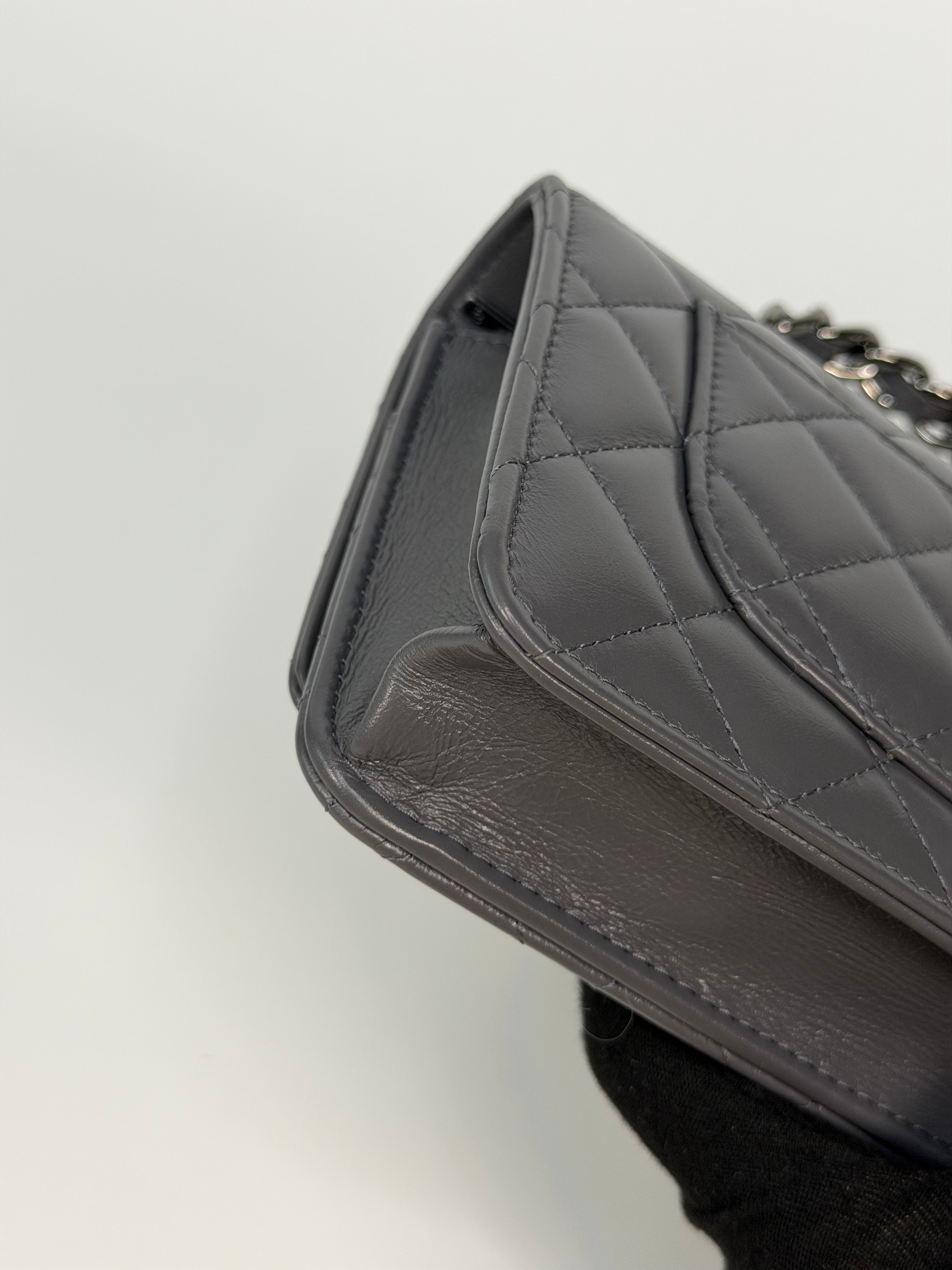 Chanel Wallet On Chain Top Handle In Grey Lambskin With Ruthenium Hardware. Authentic and preloved in excellent condition. 100% guarantee