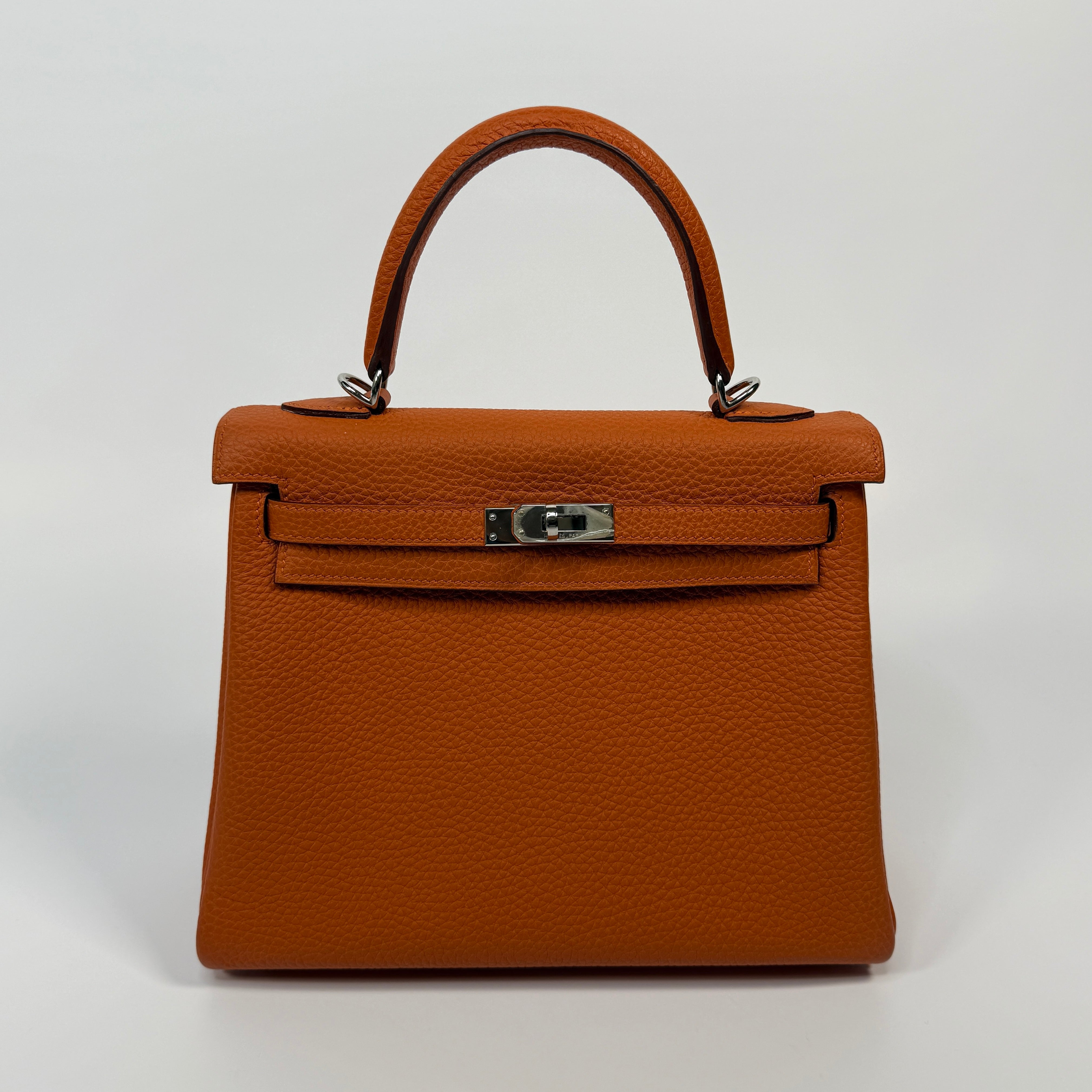 Authentic Pre Loved Hermès Kelly 25 In Orange Togo Leather With Palladium Hardware Excellent Condition