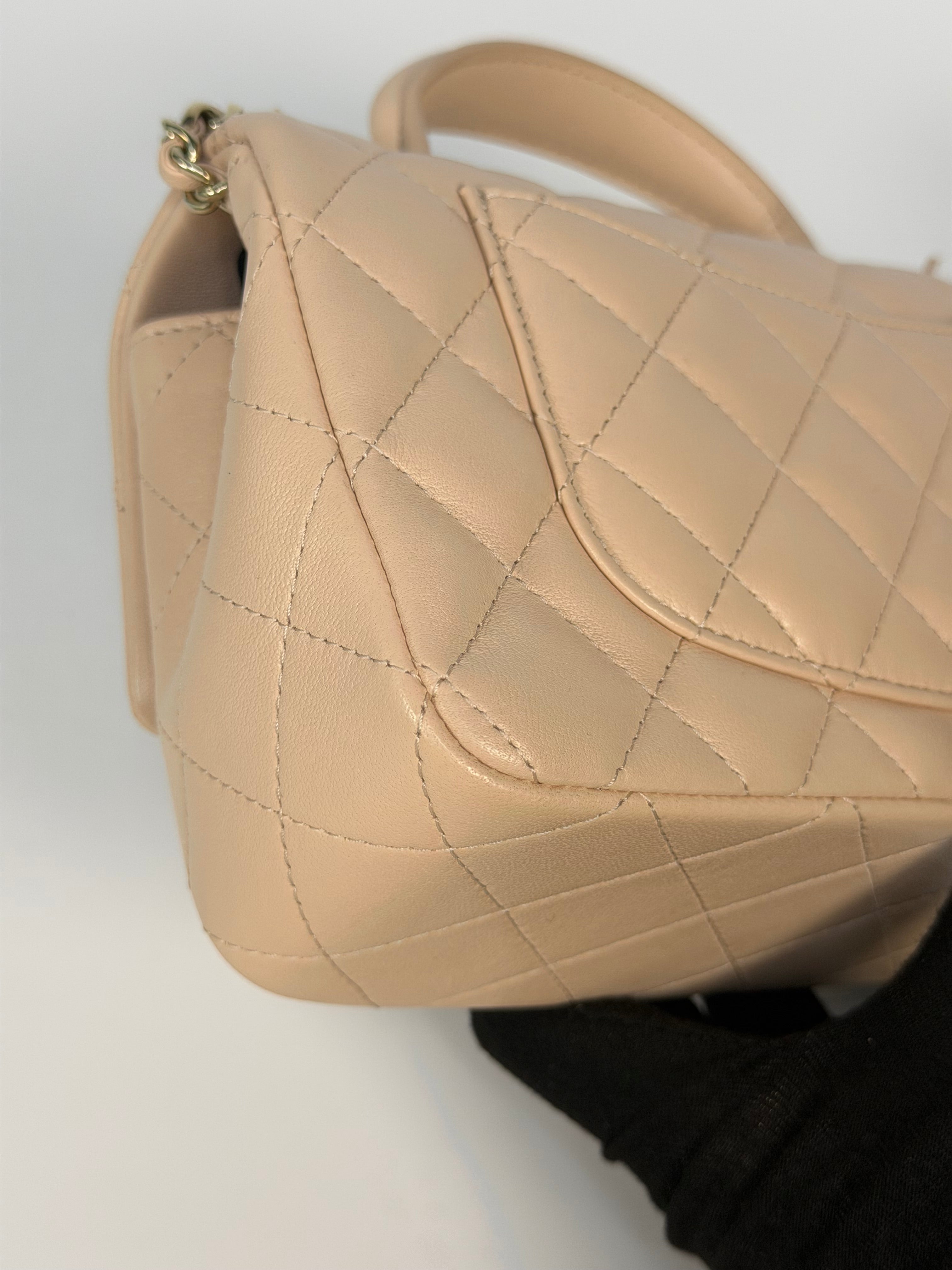 Chanel Mini Rectangle Top Handle In Light Beige Lambskin Leather With Gold Hardware