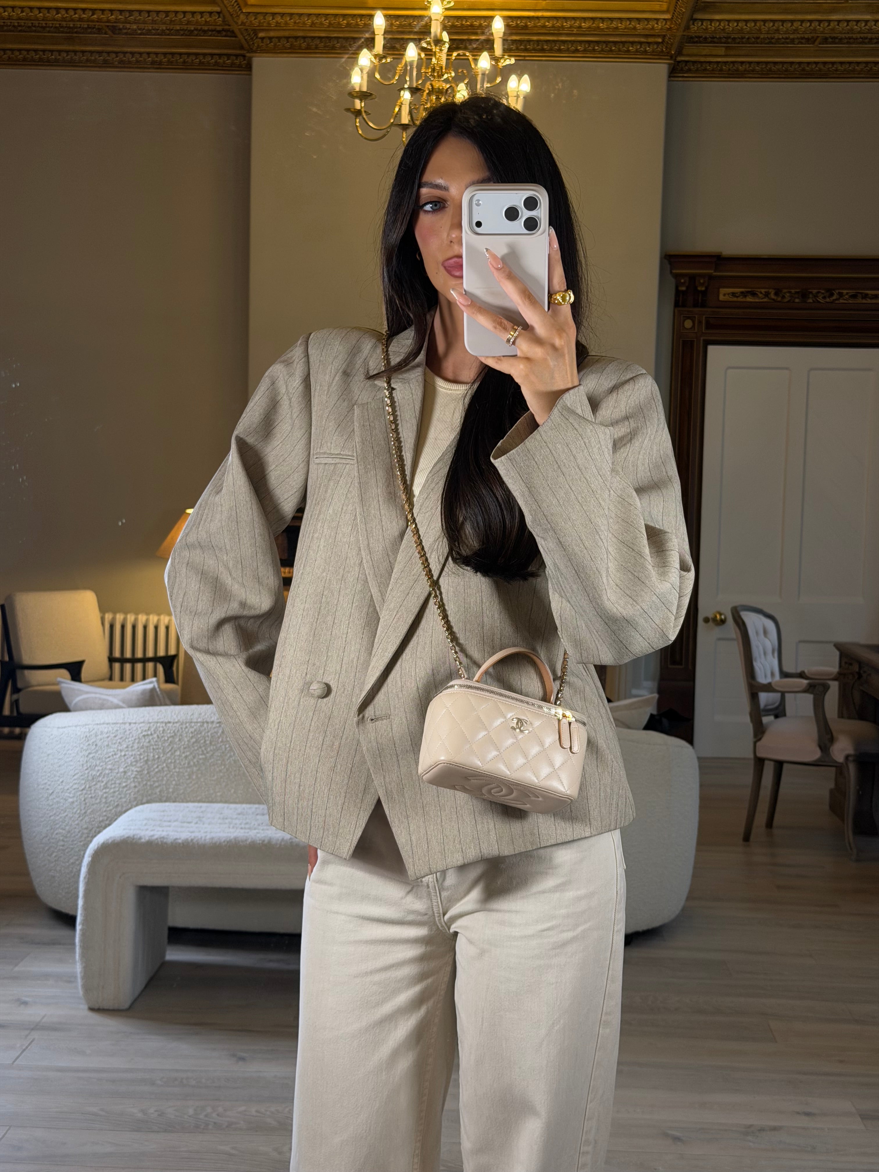 Chanel Vanity Rectangular Top Handle Ecru/Beige Lambskin With Gold Hardware Authentic and preloved. Excellent condition.