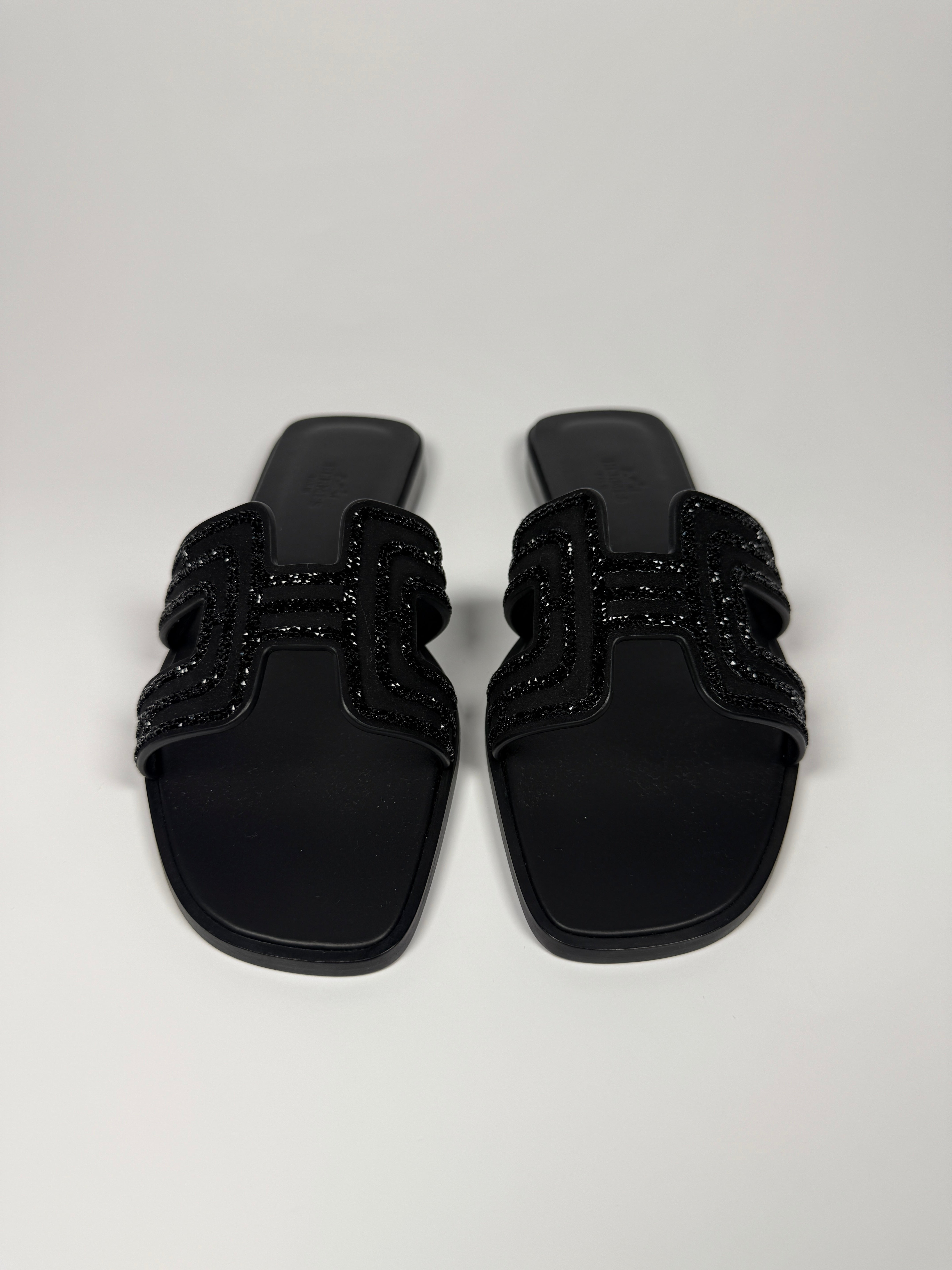 Hermès Oran Black Rhinestone Sandals (Size 38.5/UK5.5) Authentic and preloved. Excellent condition.
