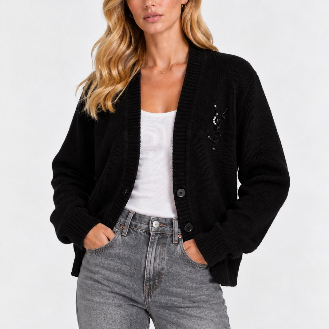Saint Laurent Sequin Monogram Cardigan In Black (Size L). 100% authentic and preloved in excellent condition