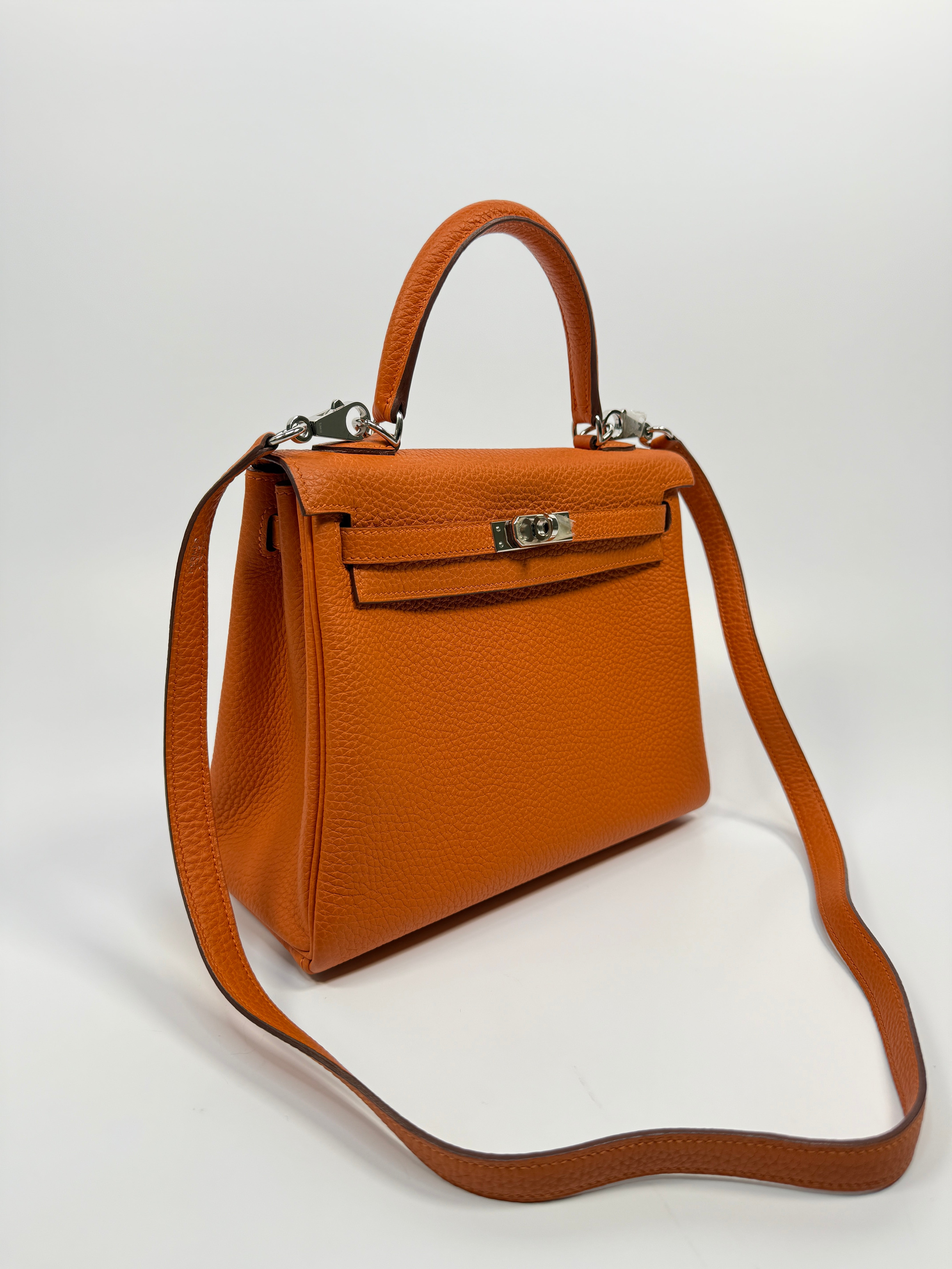 Authentic Pre Loved Hermès Kelly 25 In Orange Togo Leather With Palladium Hardware Excellent Condition