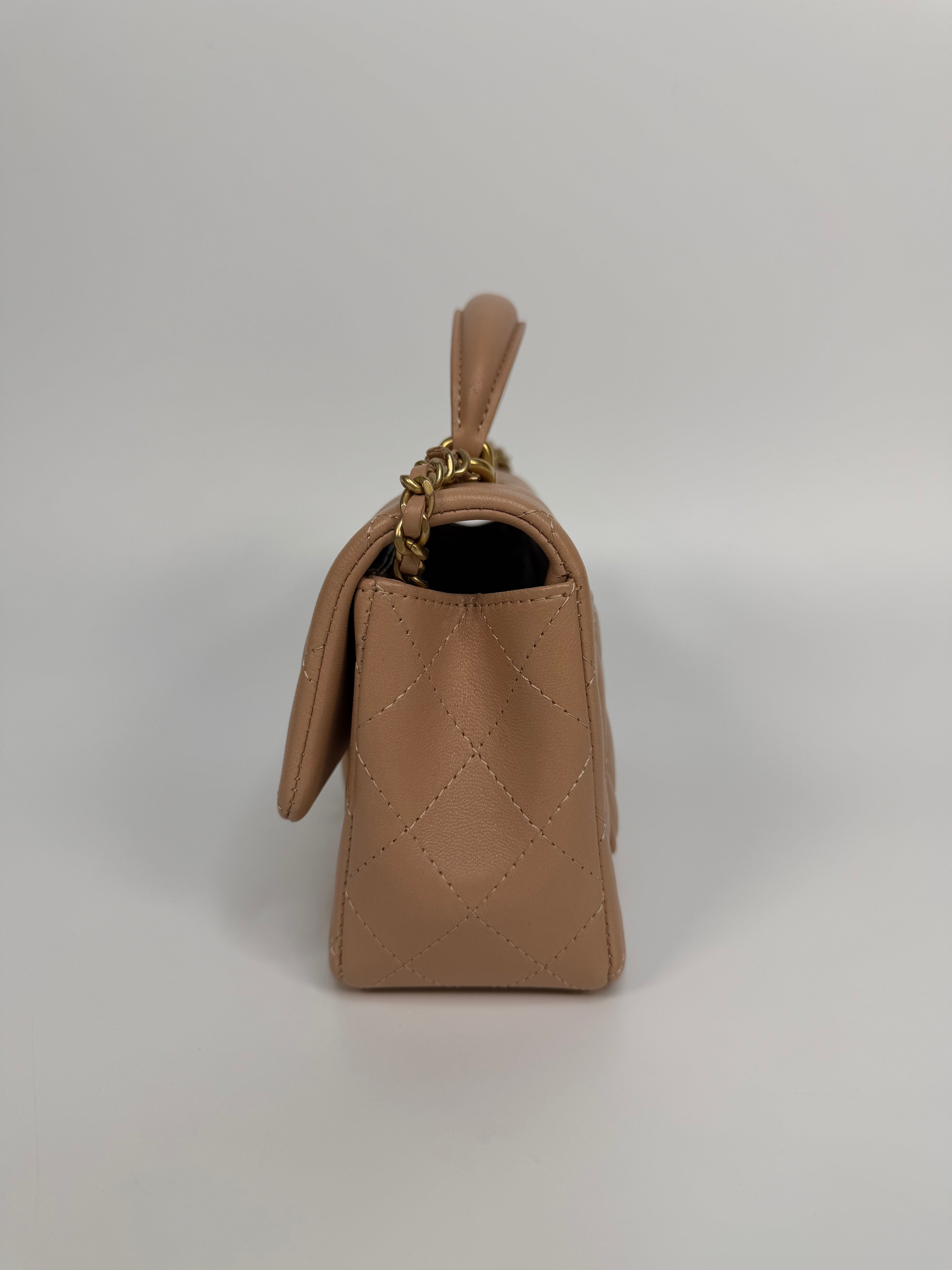 Chanel Mini Rectangle Top Handle In Beige Lambskin Leather Gold Hardware