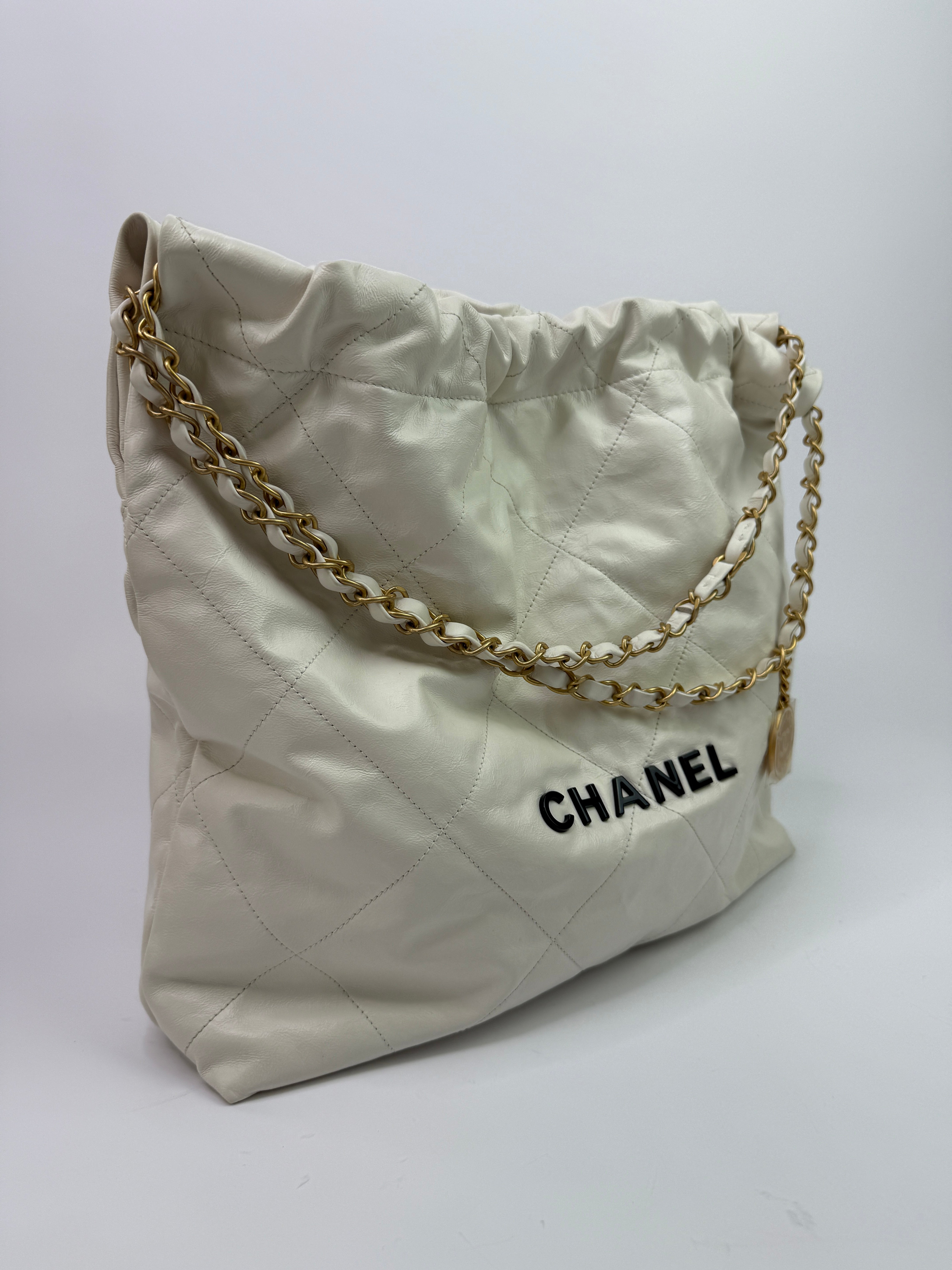 Chanel 22 Medium In White Calfskin Leather With GHW