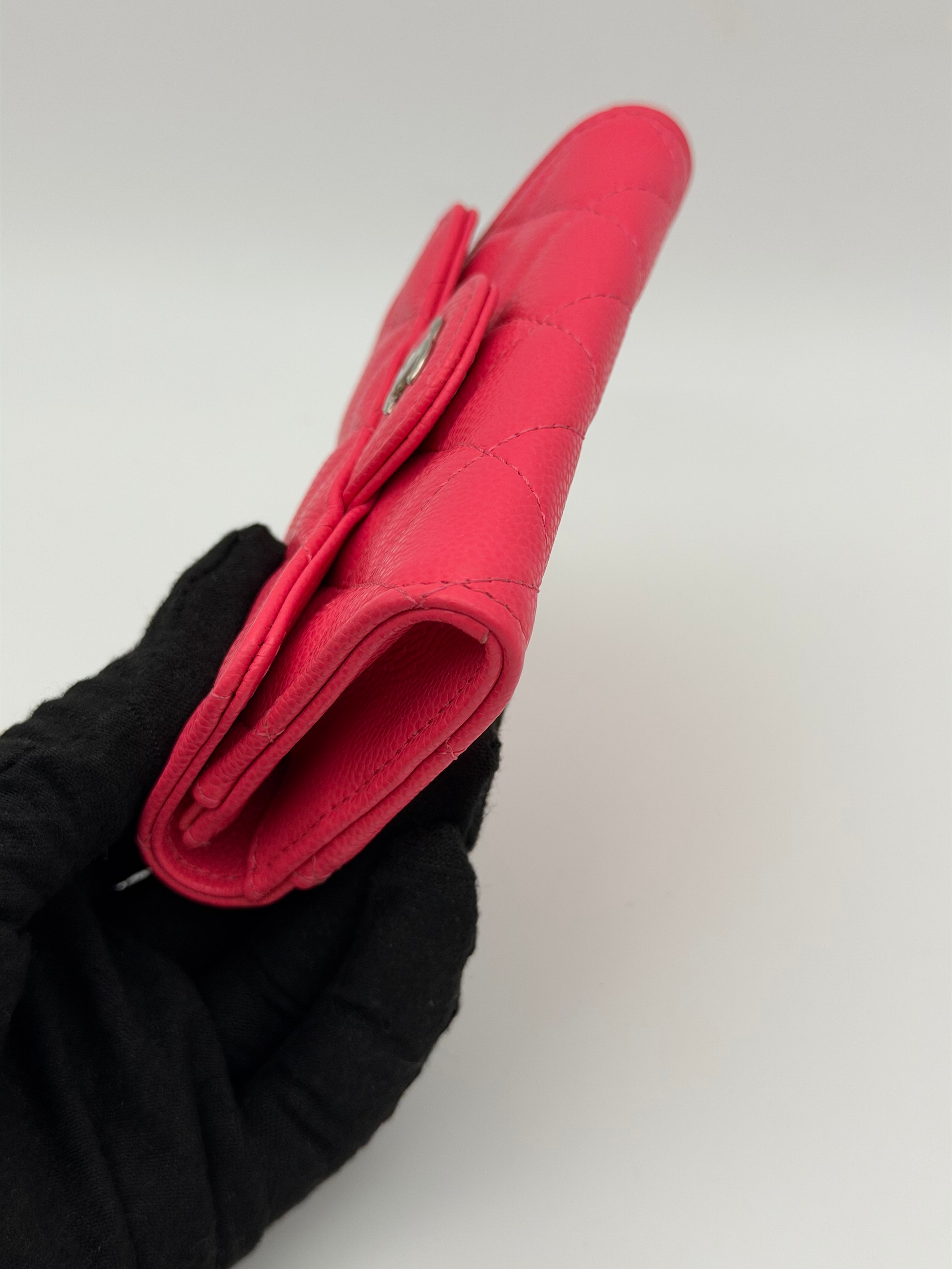 Chanel Classic Card Holder In Hot Pink Caviar Leather With Silver Hardware. Authentic and preloved in excellent condition