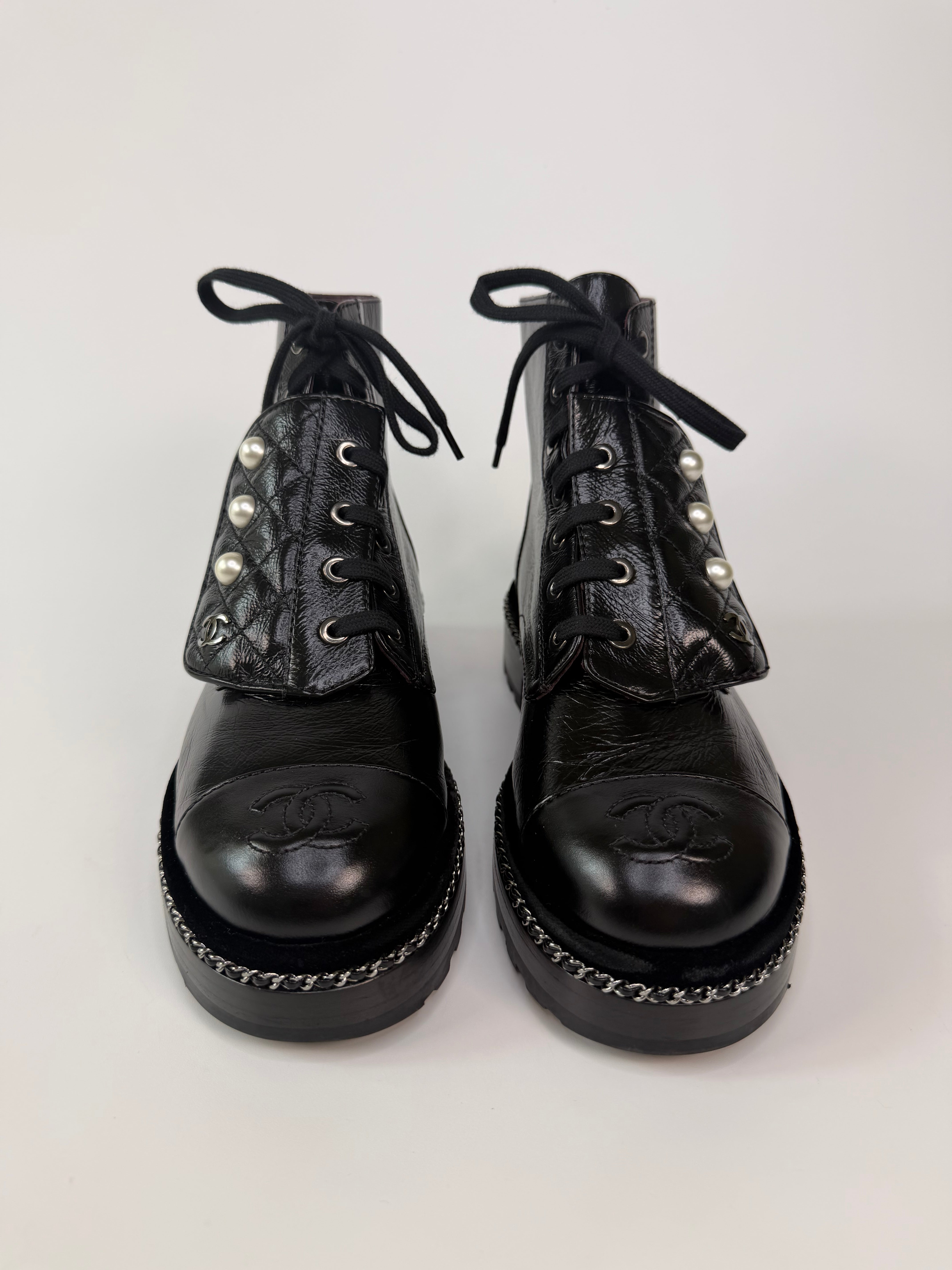 Chanel Pearl Ankle Boots Black Leather (Size 37/UK4). 100% authentic and preloved in excellent condition