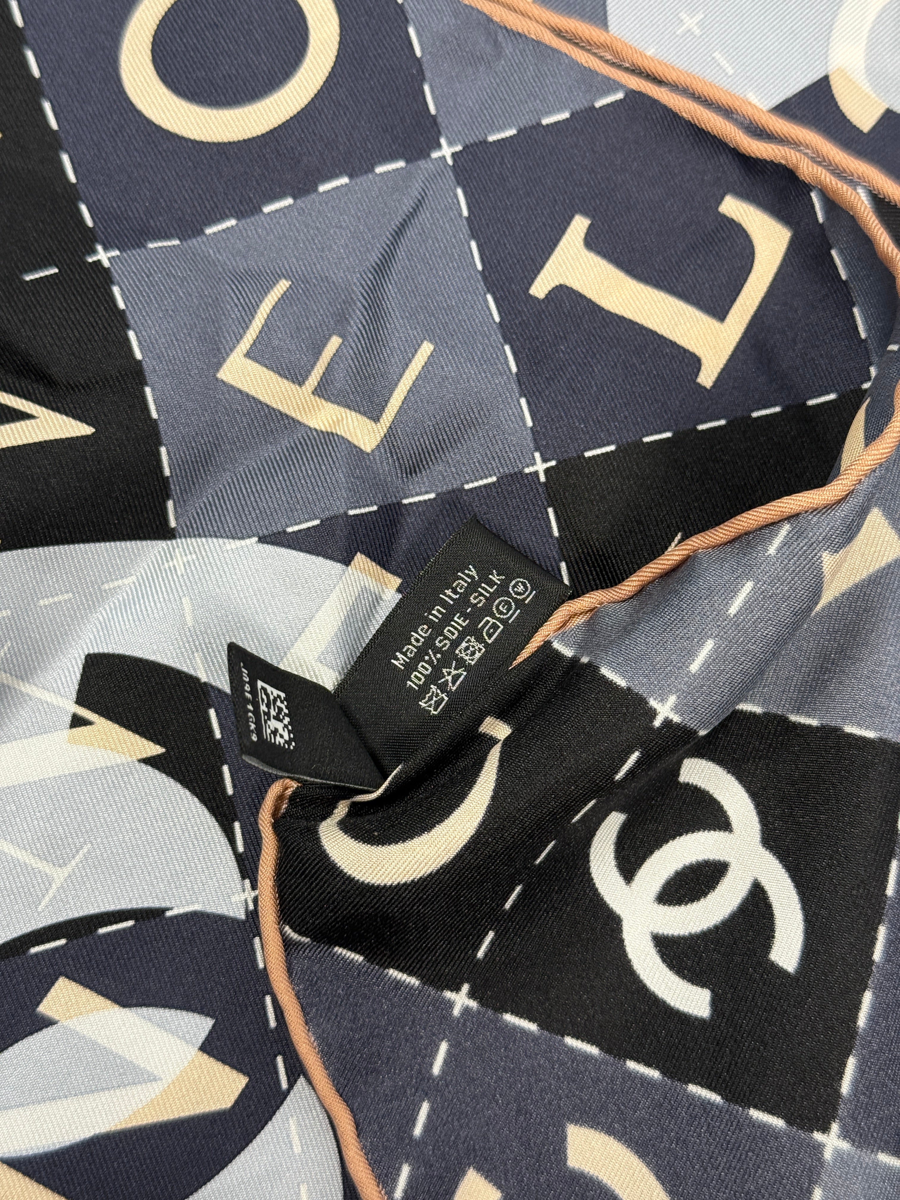 Chanel Silk CC Scarf In Navy And Nude Monogram, Authentic And Preloved In Excellent Condition