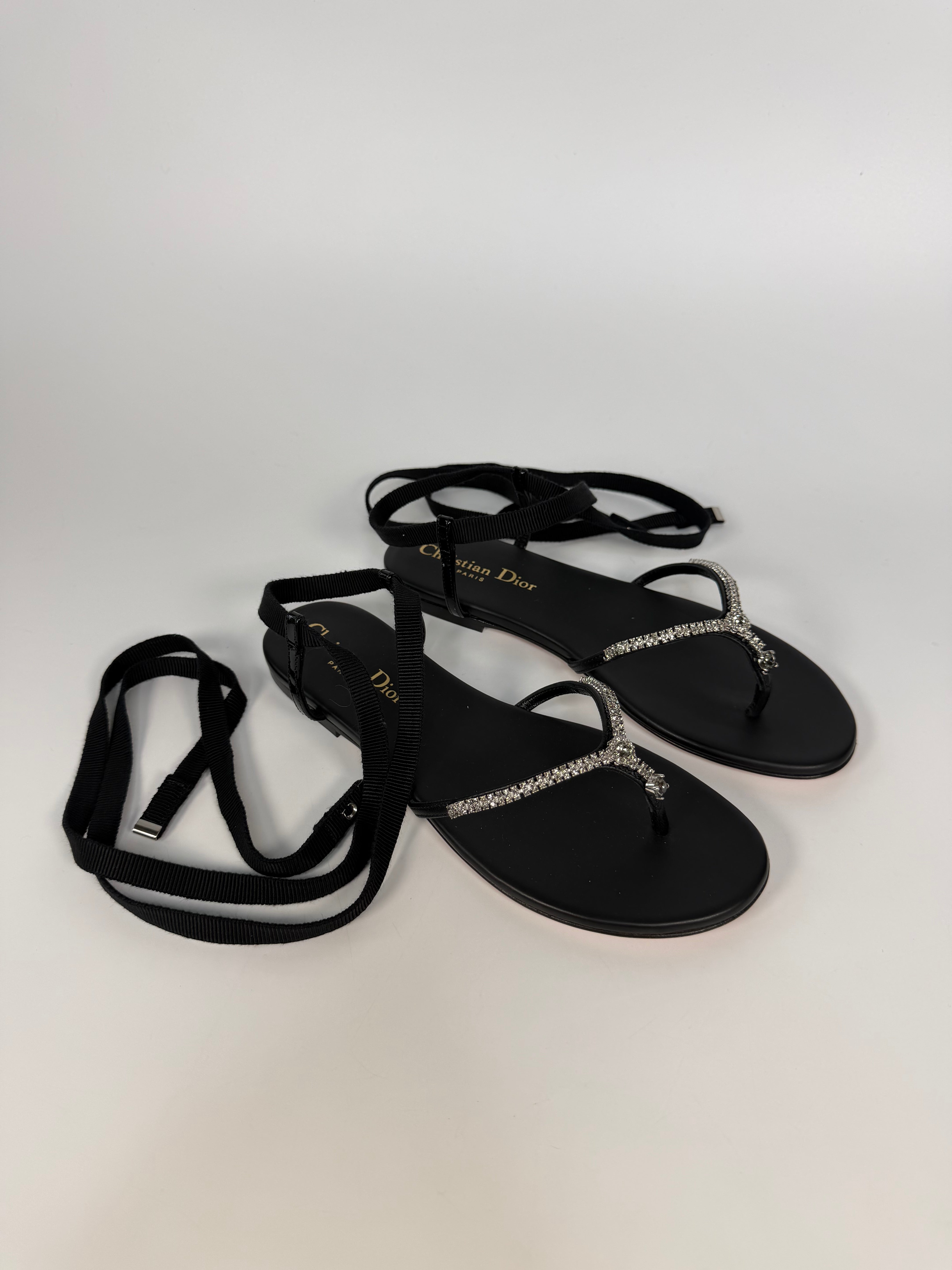 Dior Paris Crystal T-Bar Thong Sandals In Black Calfskin Size ( 36/UK3) Authentic and preloved in excellent condition. Insured next day delivery. Verified by Luxe Cheshire