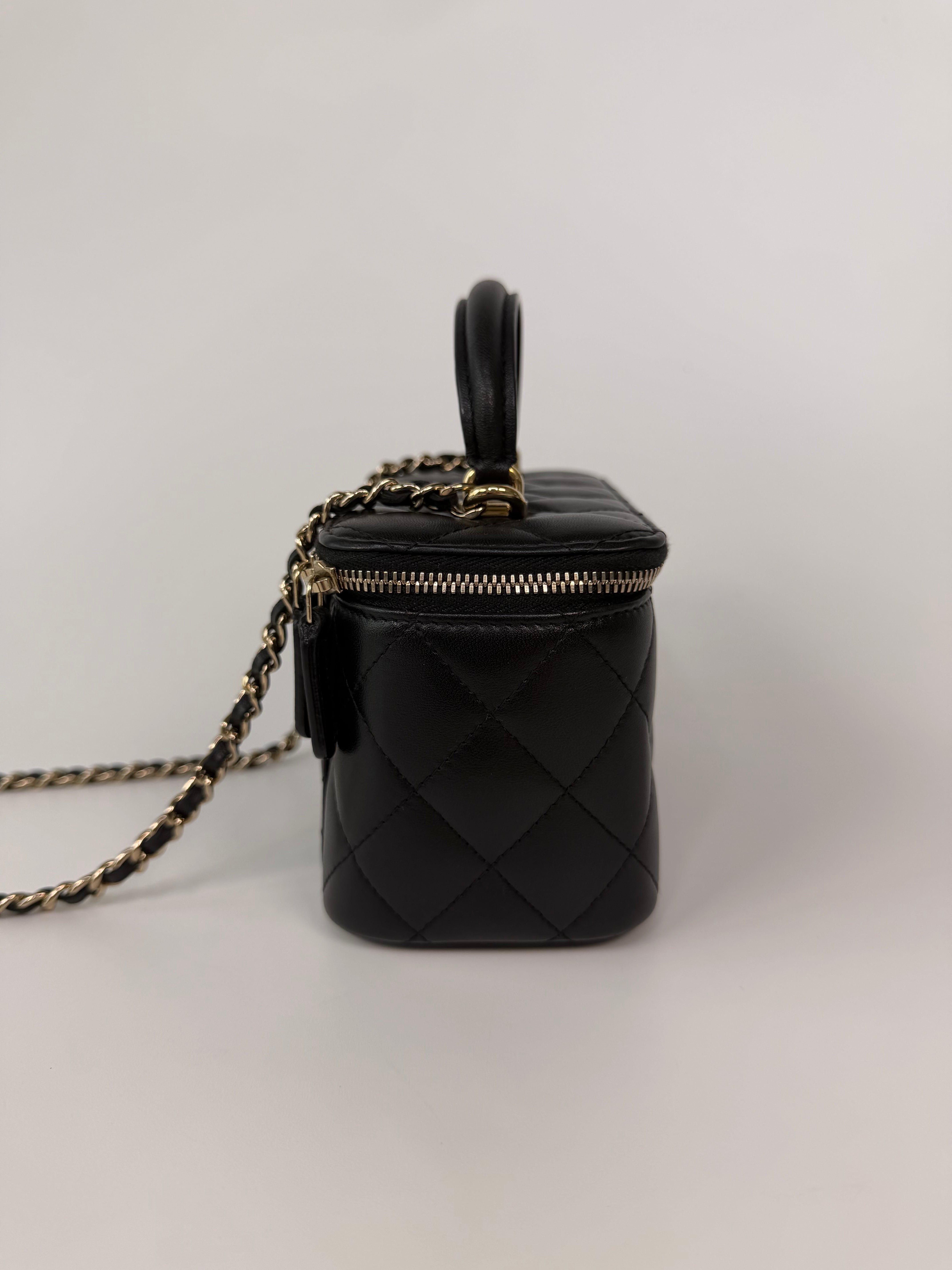 Chanel Vanity Top Handle In Black Lambskin With Pale Gold Hardware