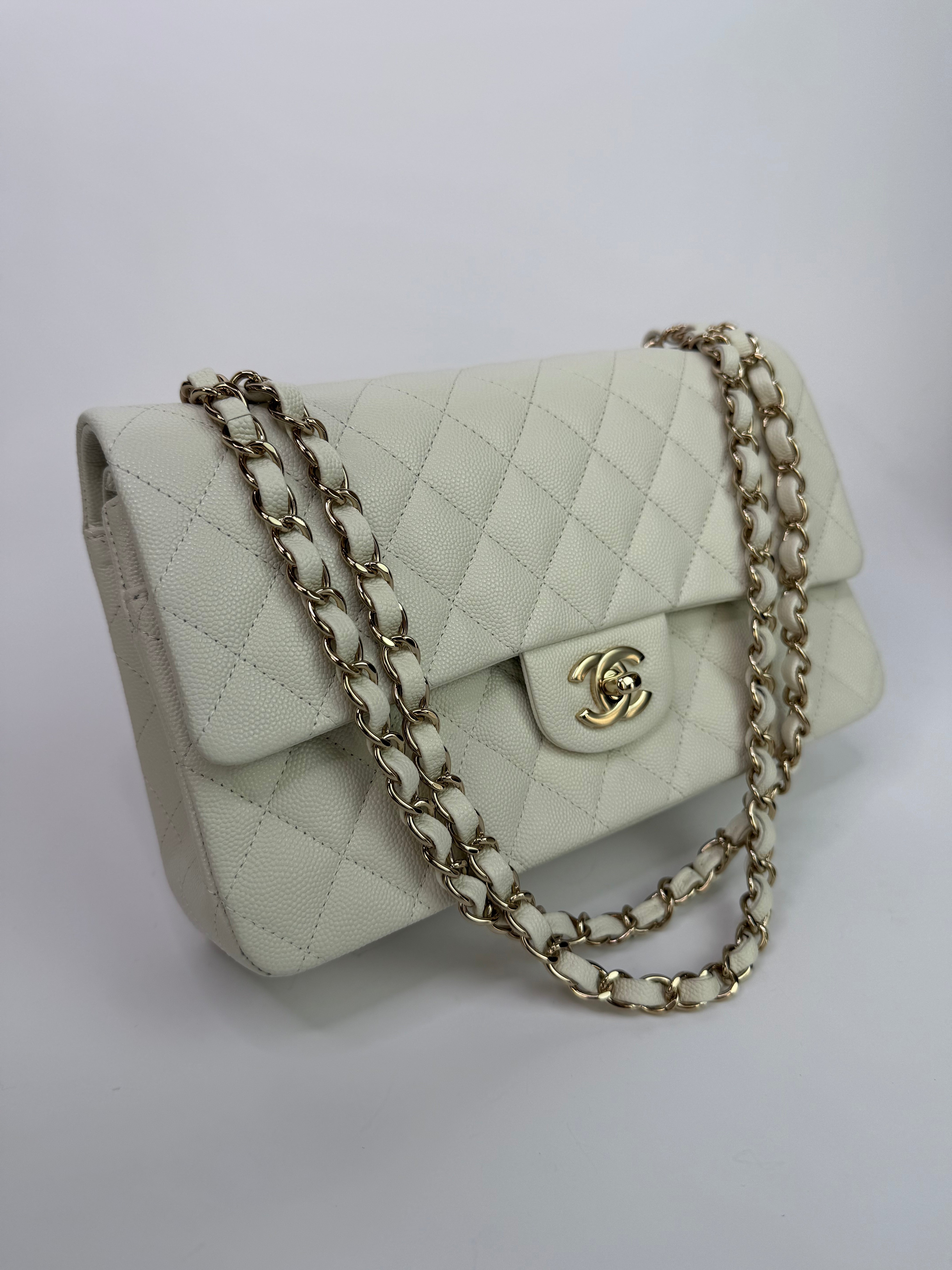 Chanel Medium Classic Double Flap White Caviar Leather With GHW