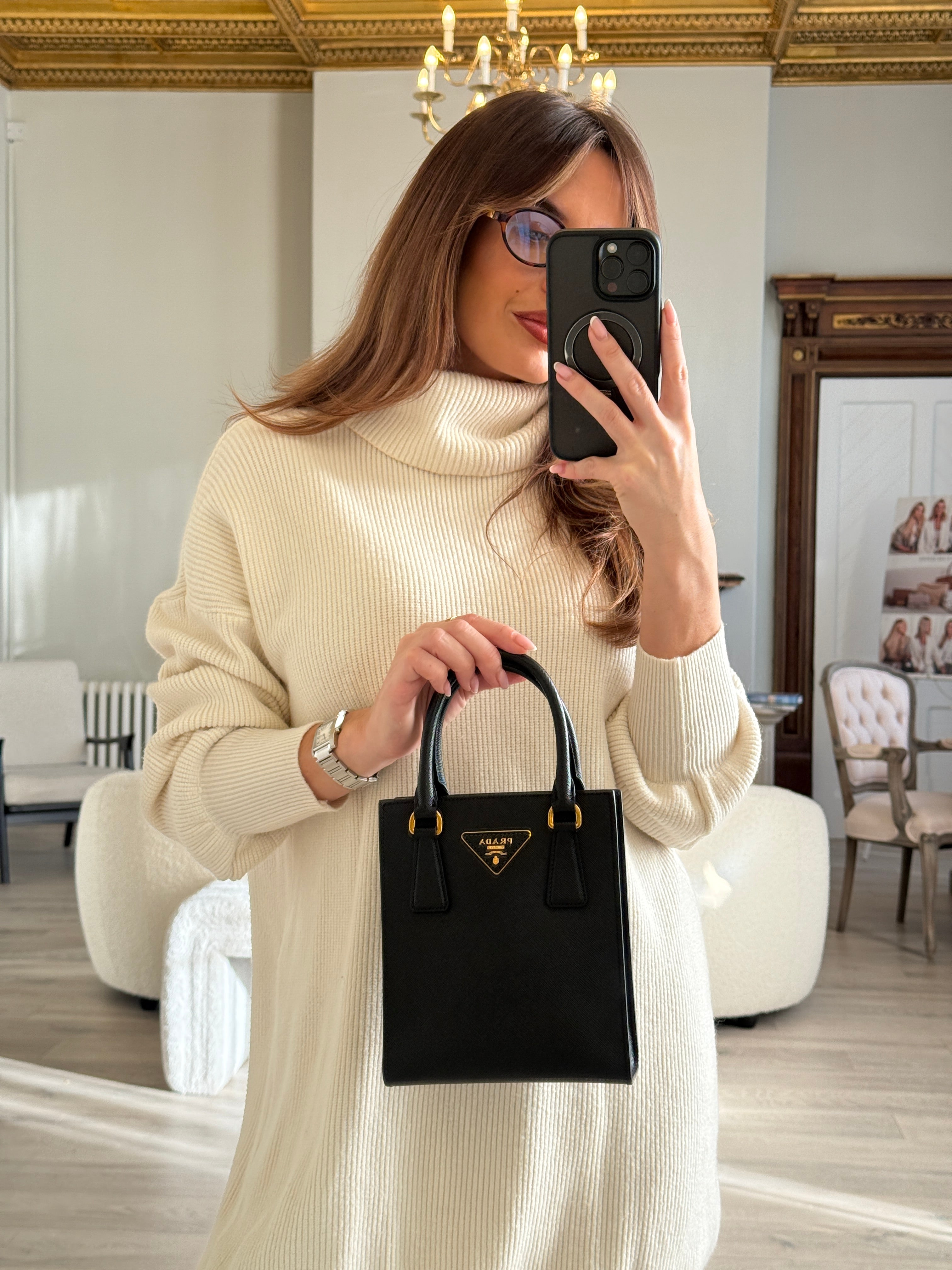 Prada Mini Tote In Black Saffiano Leather With Gold Hardware. 100% Authentic and preloved in excellent condition