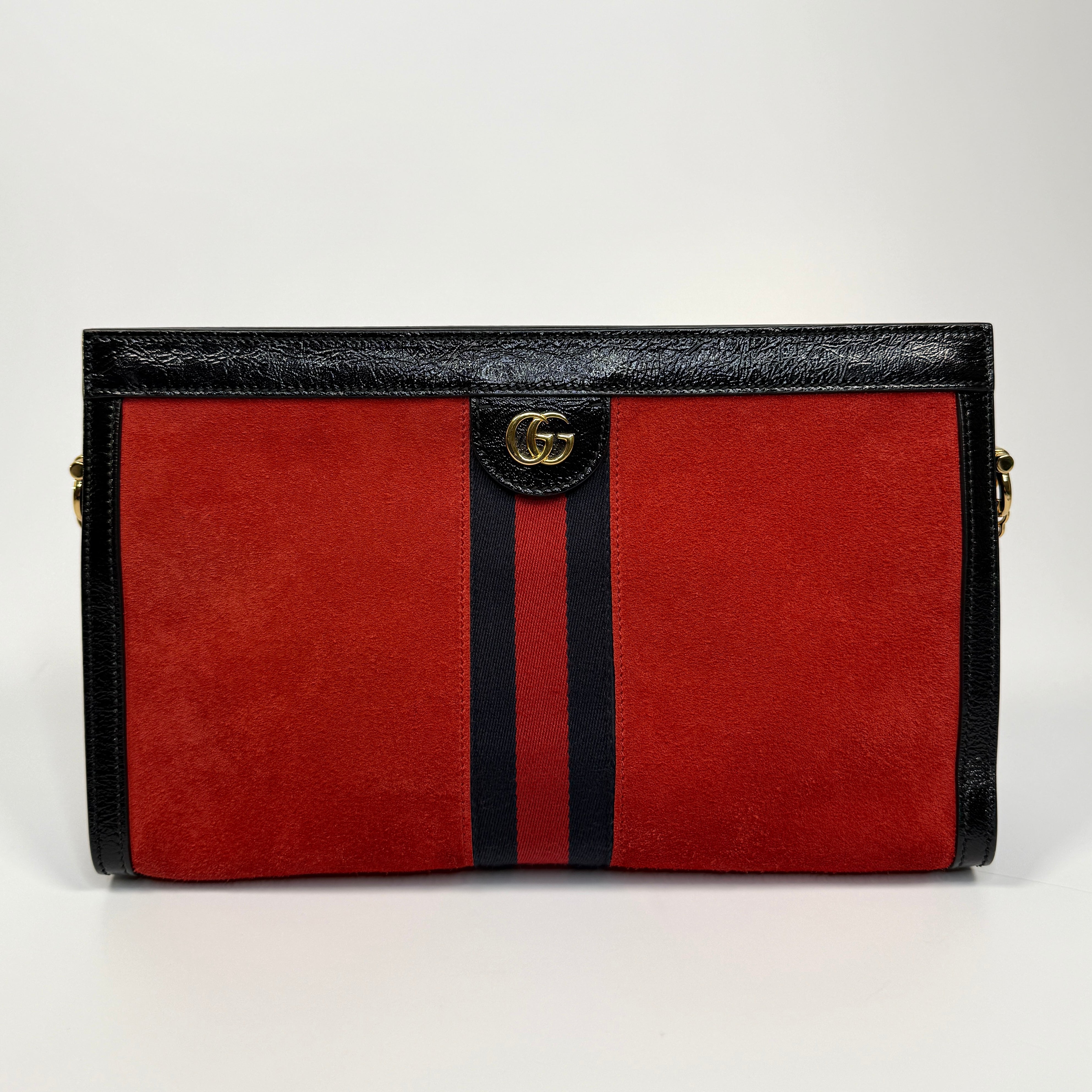 Gucci Small Suede Ophidia Chain Bag In red Suede and Black Patent Leather with gold hardware very good condition. Authentic and pre loved