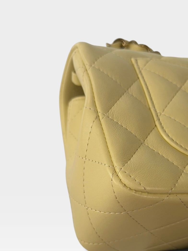 Chanel Mini Rectangle In Yellow Lambskin Leather With Gold Hardware. 100% authentic and preloved in excellent condition