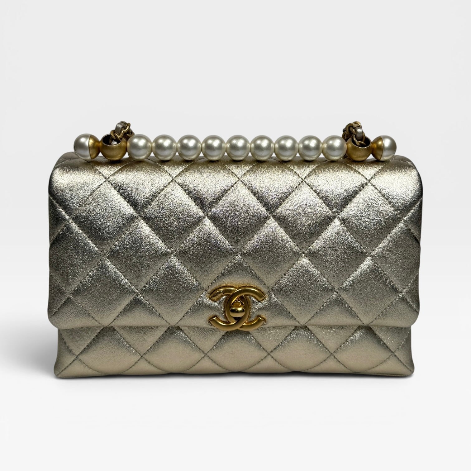 Chanel Mini Pearl Top Handle Flap Bag Metallic Gold Lambskin With GHW