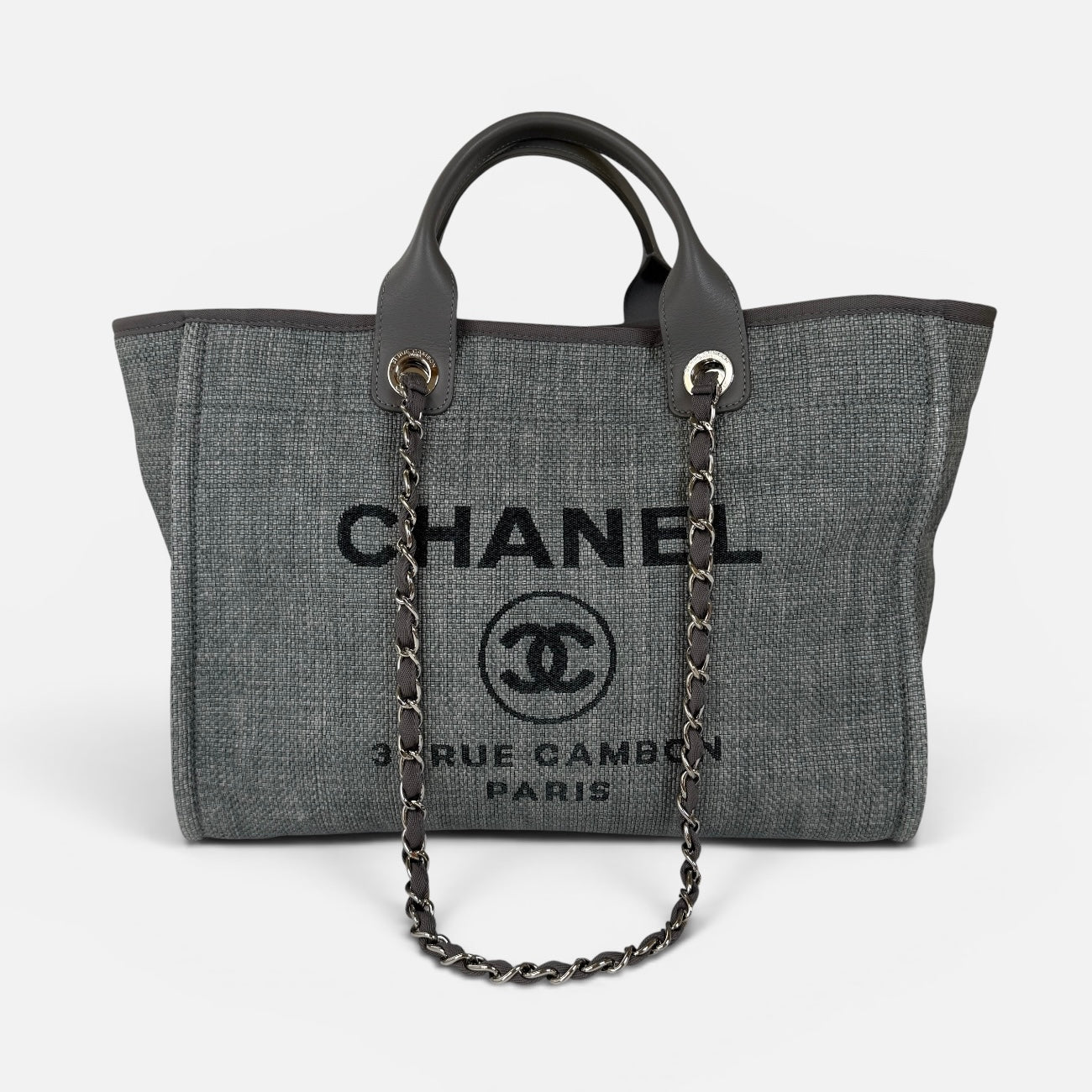 Chanel Medium Deauville Tote Bag In Denim Blue With Silver Hardware