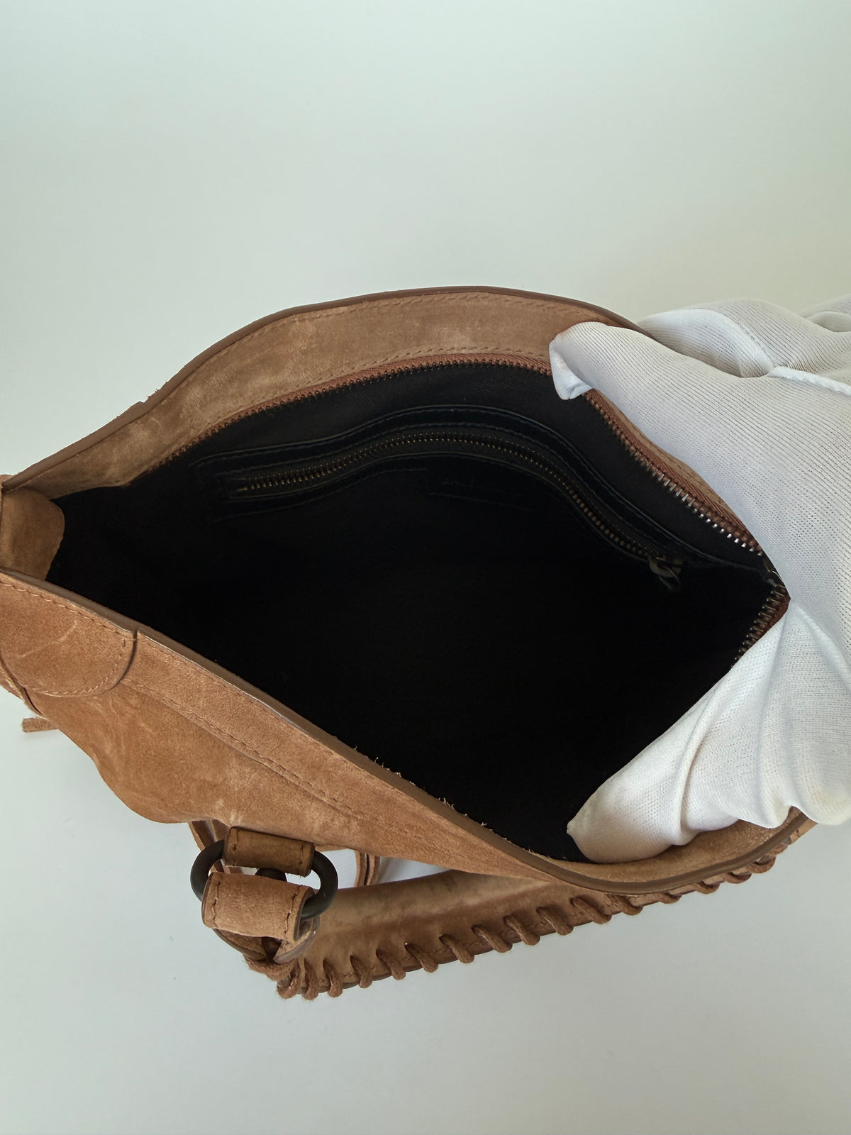 Balenciaga Le City Small Bag In Camel Suede Verified by Luxe Cheshire. Trusted designer resale.