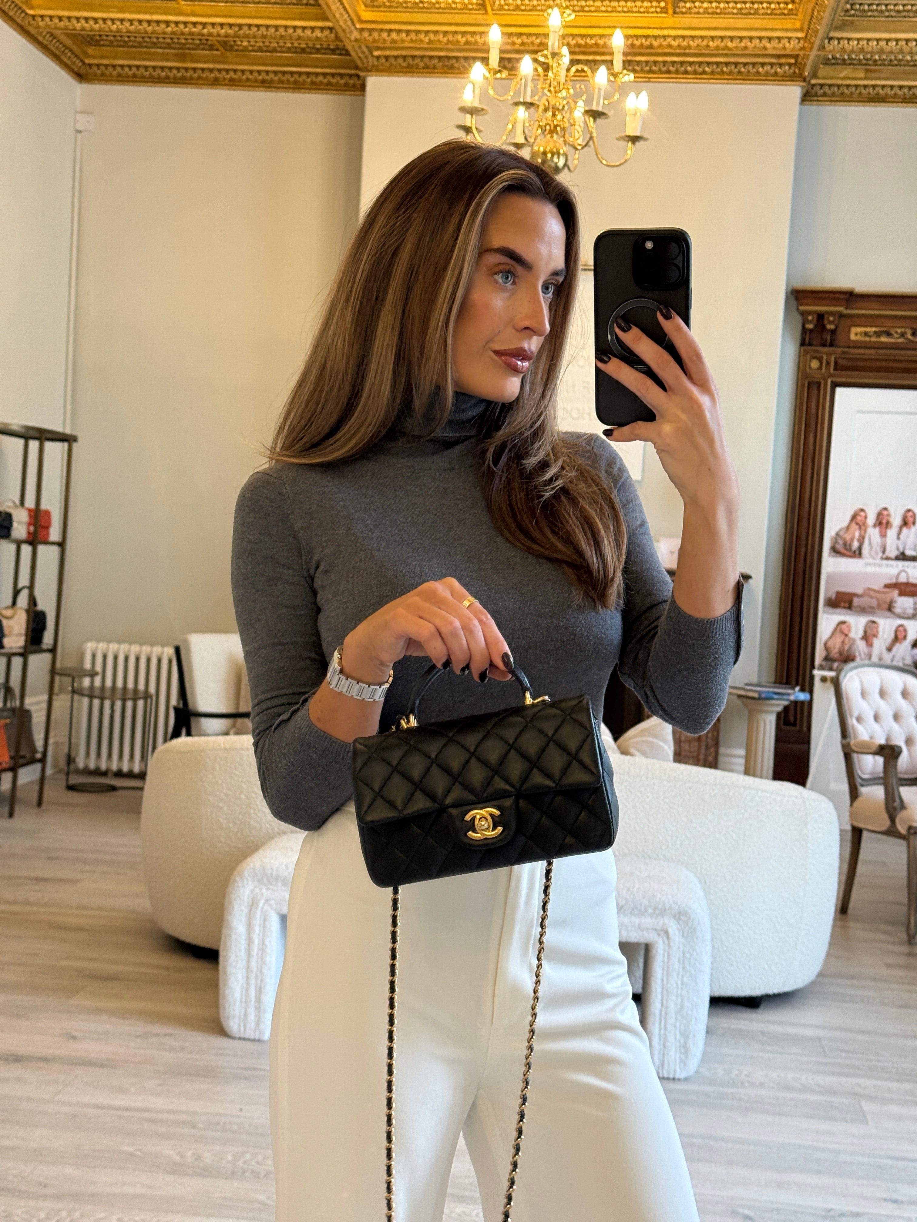 Chanel Mini Rectangle Top Handle Flap Bag In Black Lambskin With GHW