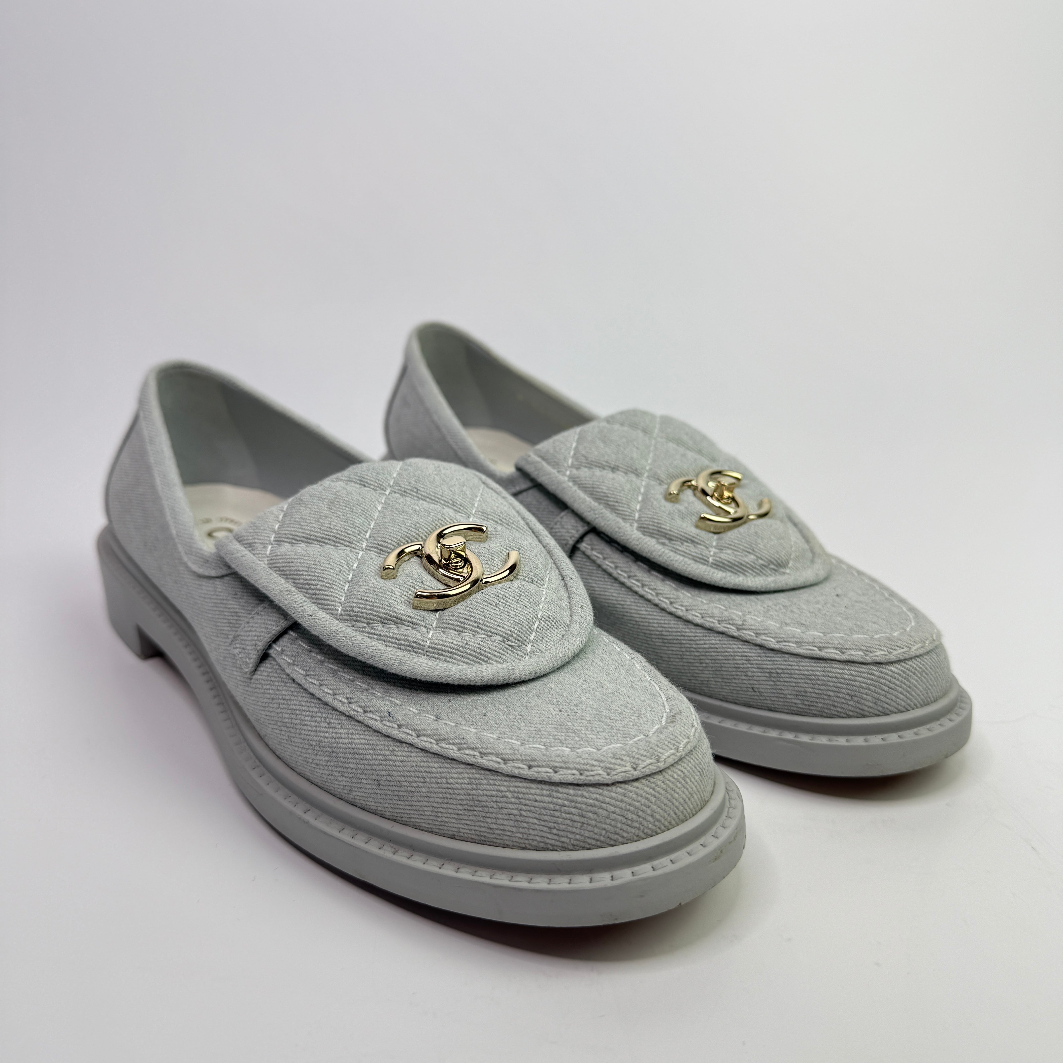 Chanel Denim Quilted Turnlock Loafers (Size 39.5/UK 6.5)