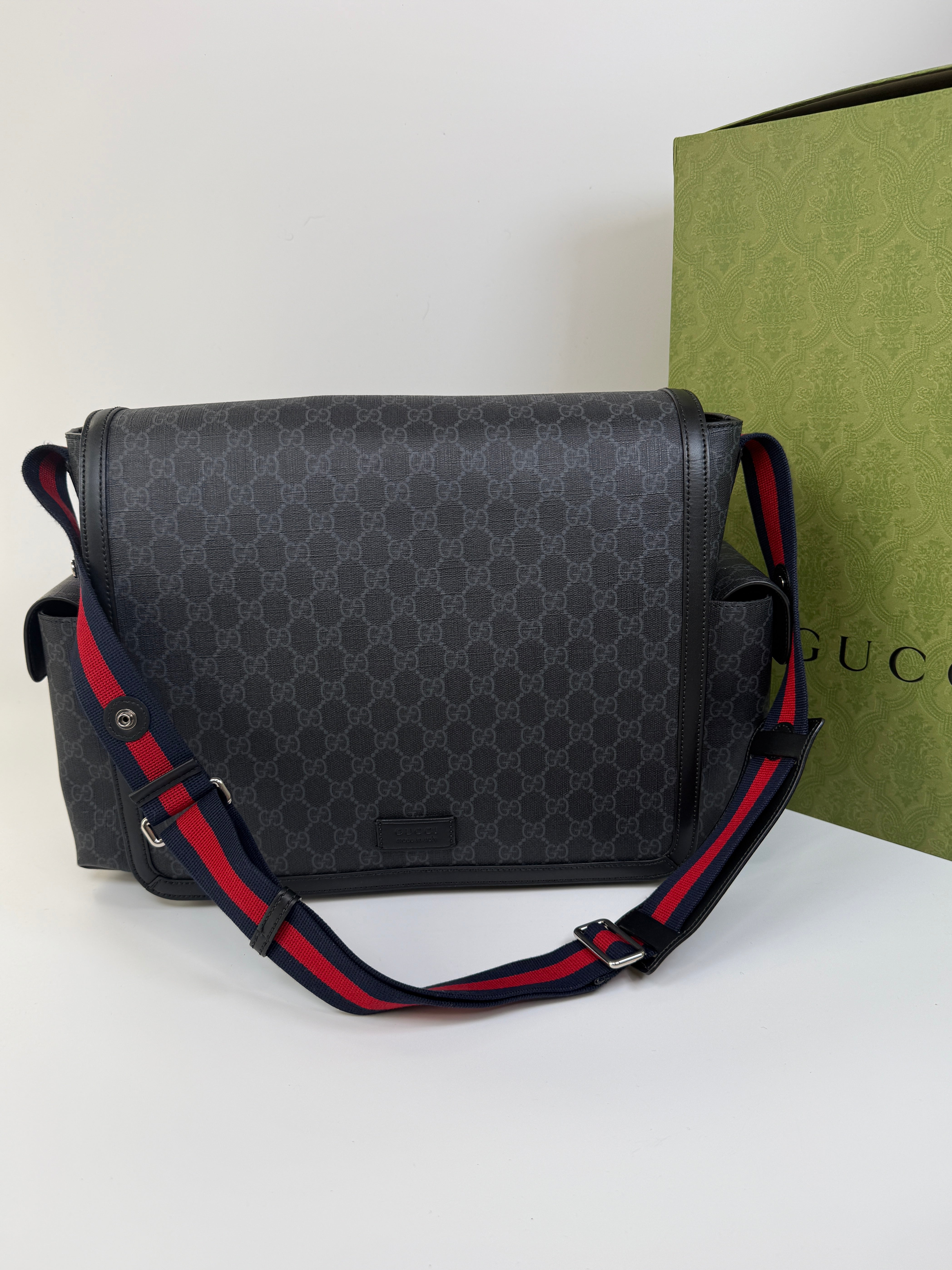 Authentic and preloved Gucci GG Supreme Medium Baby Changing Bag In Black Canvas. Excellent condition. 100% Authenticity guarantee
