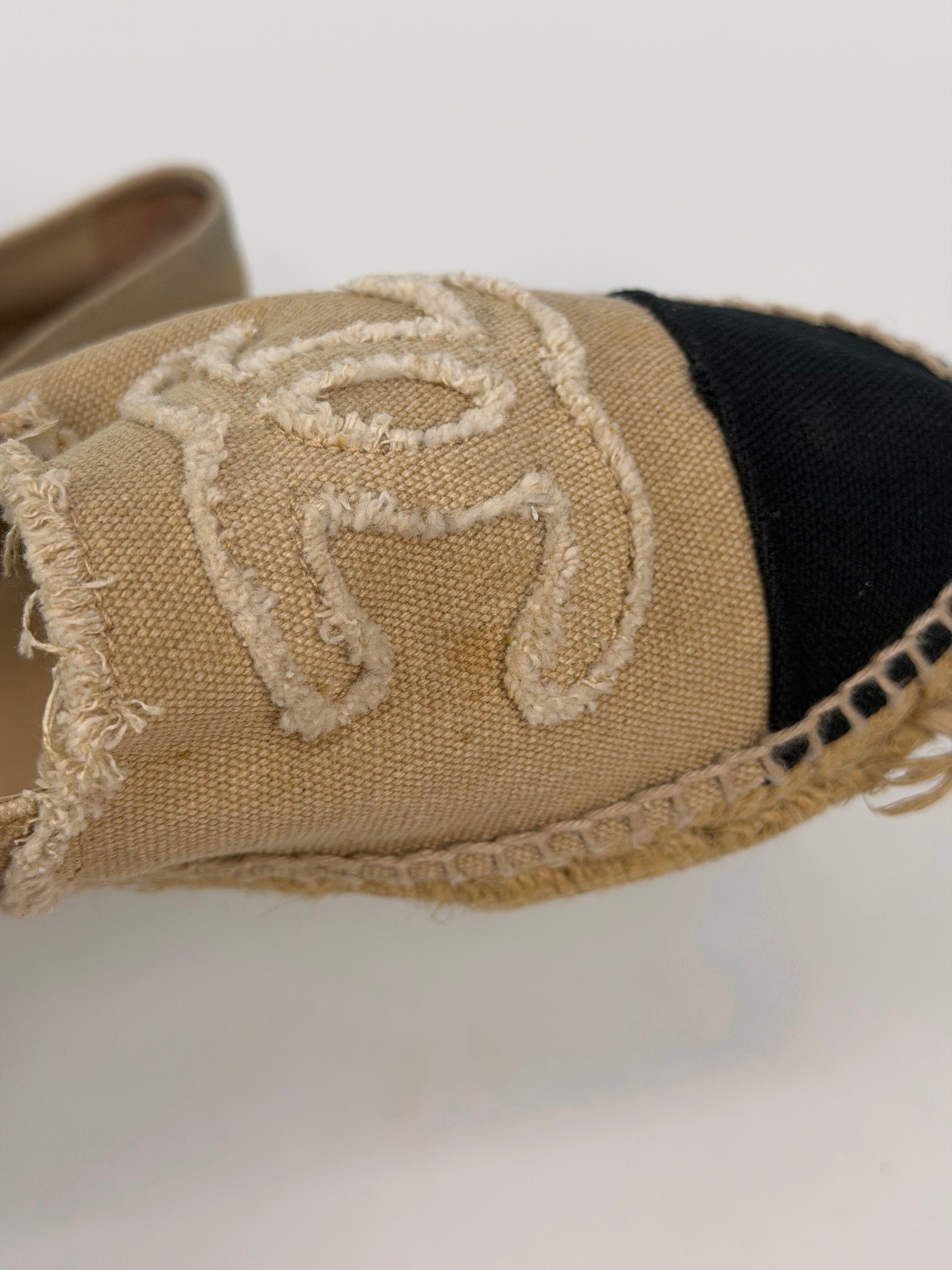 Chanel Espadrilles In Black & Beige Embroidered Fabric (Size 36/ UK3). 100% authentic and preloved in excellent condition