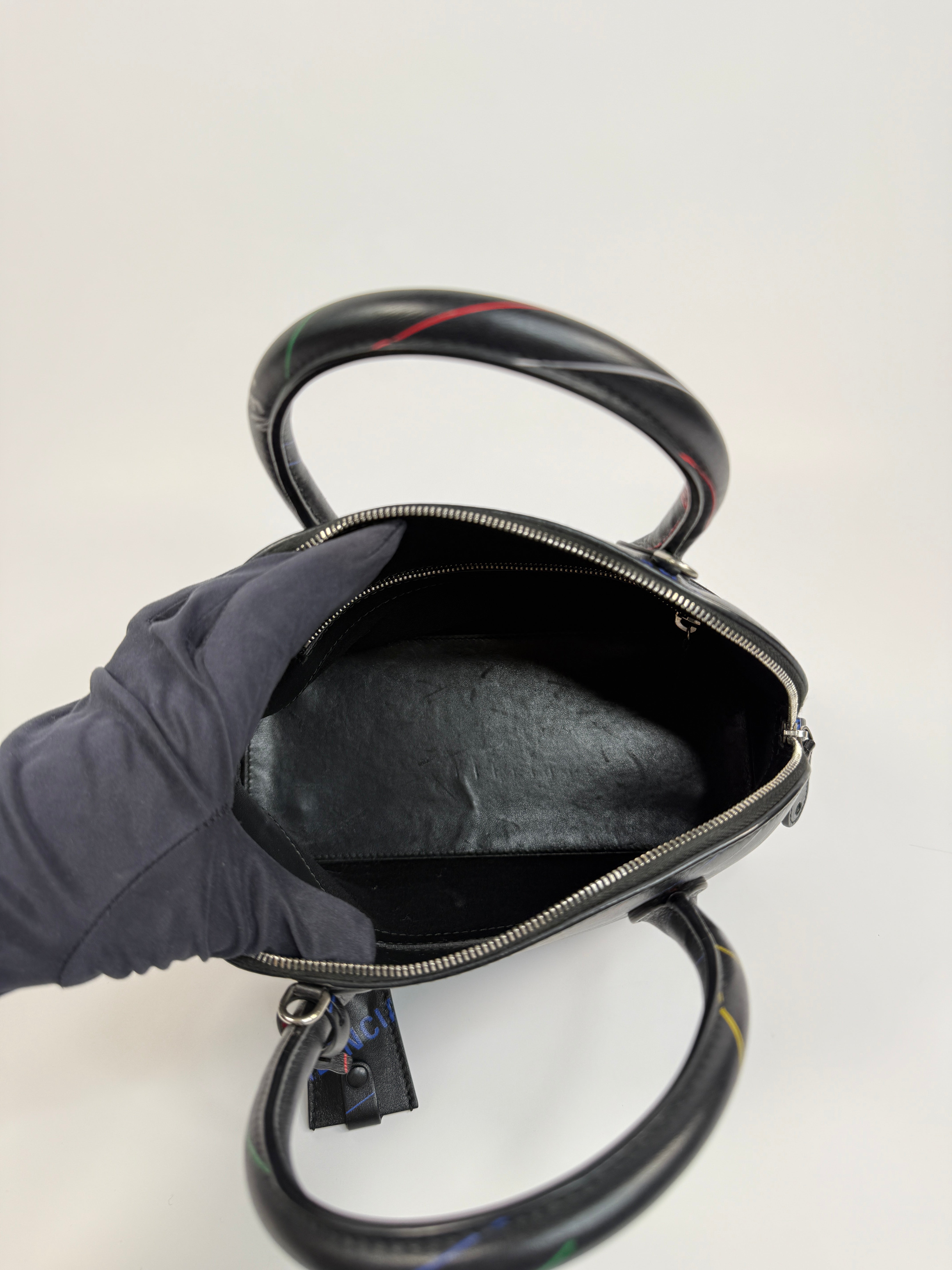 Balenciaga Ville Top Handle Bag In Black with Coloured Logo Writing. Authentic and preloved in excellent condition