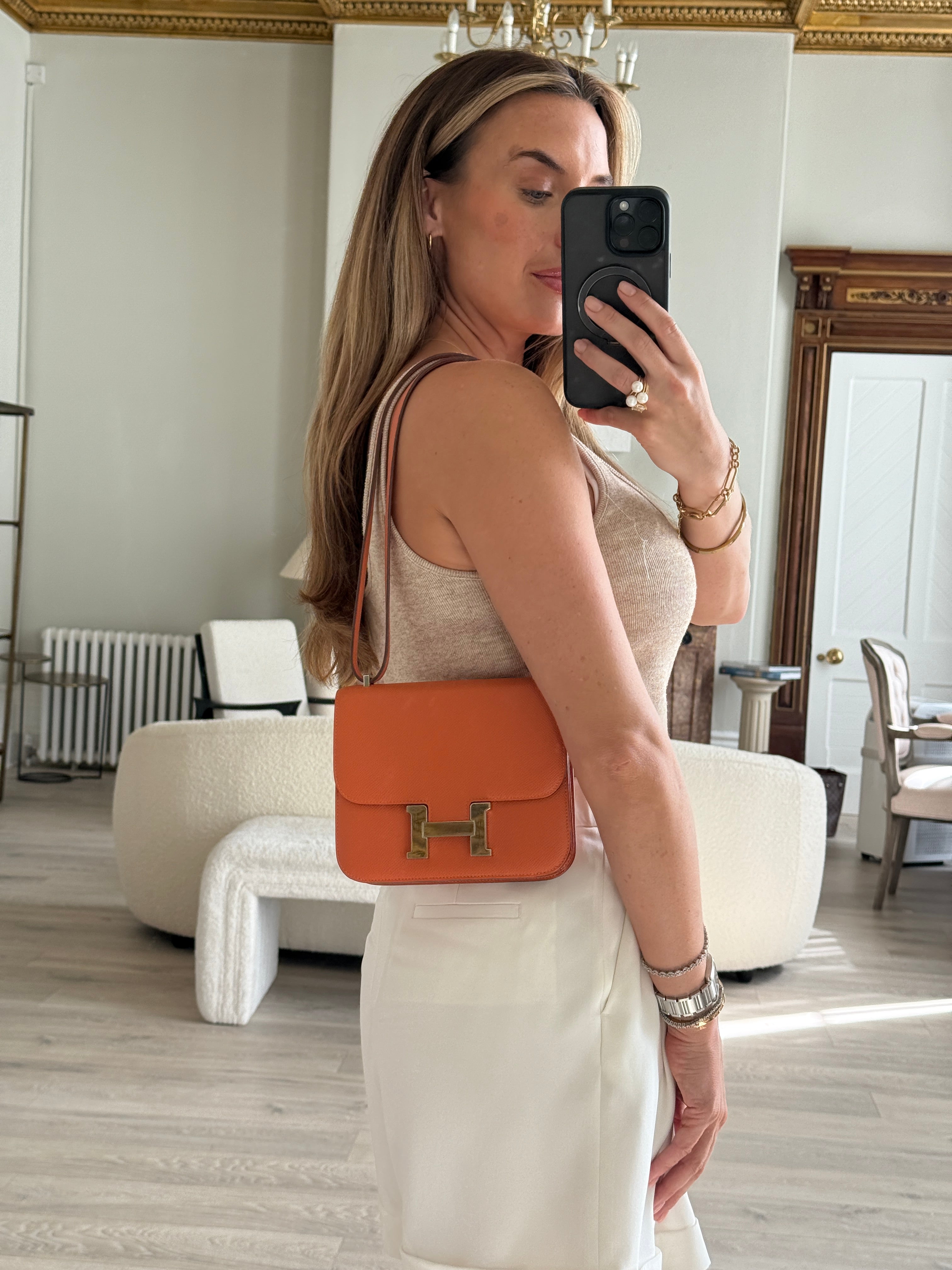 Authentic Pre Loved Hermès Constance 18 In Orange Epsom Leather With Palladium Hardware Very Good Condition