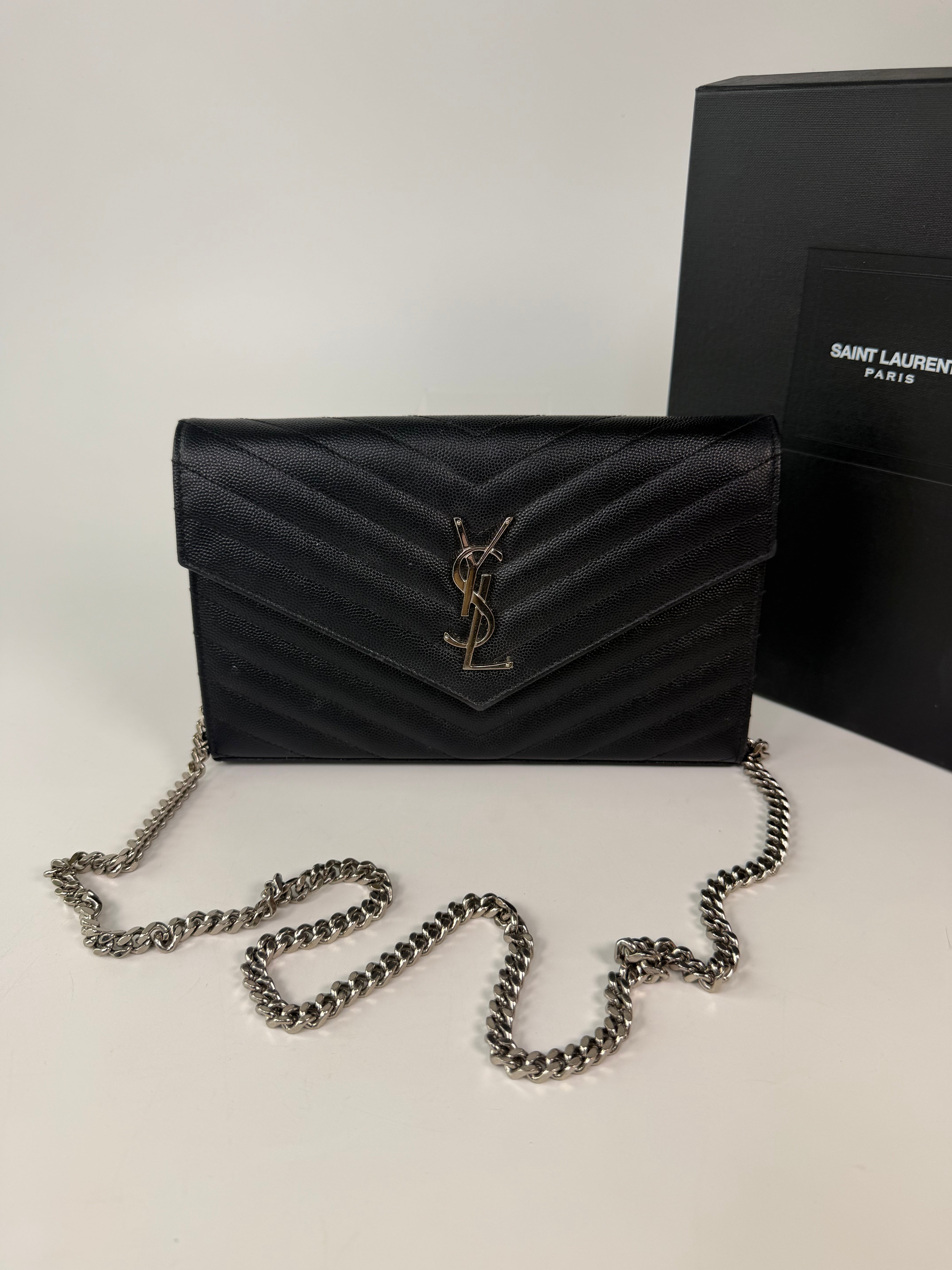Saint Laurent Cassandre Chain Wallet In Black With Silver Hardware in good condition 100% authentic and preloved