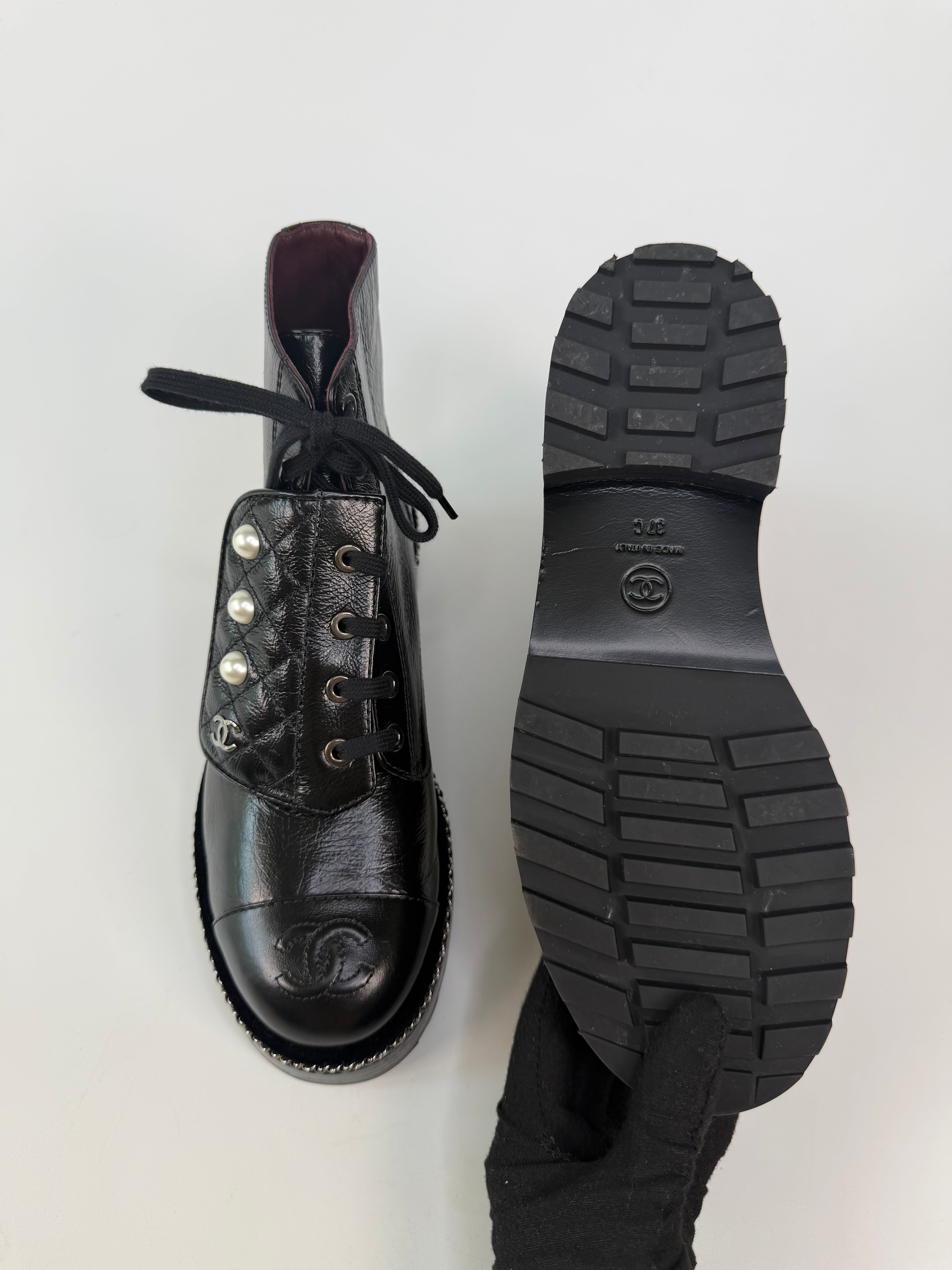 Chanel Pearl Ankle Boots Black Leather (Size 37/UK4). 100% authentic and preloved in excellent condition
