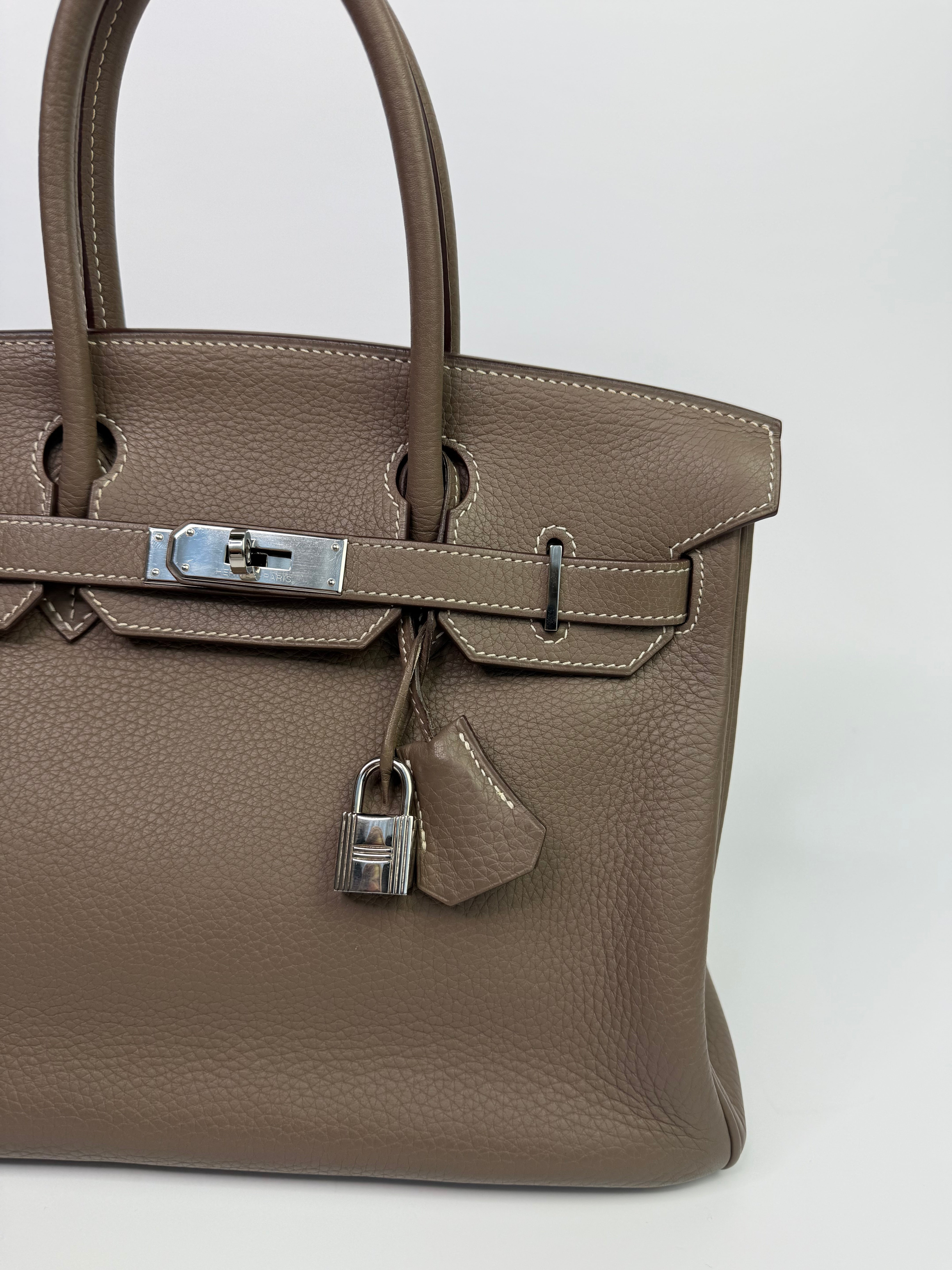 Authentic Pre Loved Hermès Birkin 30 In Etoupe Clemence Leather With Palladium Hardware Excellent Condition