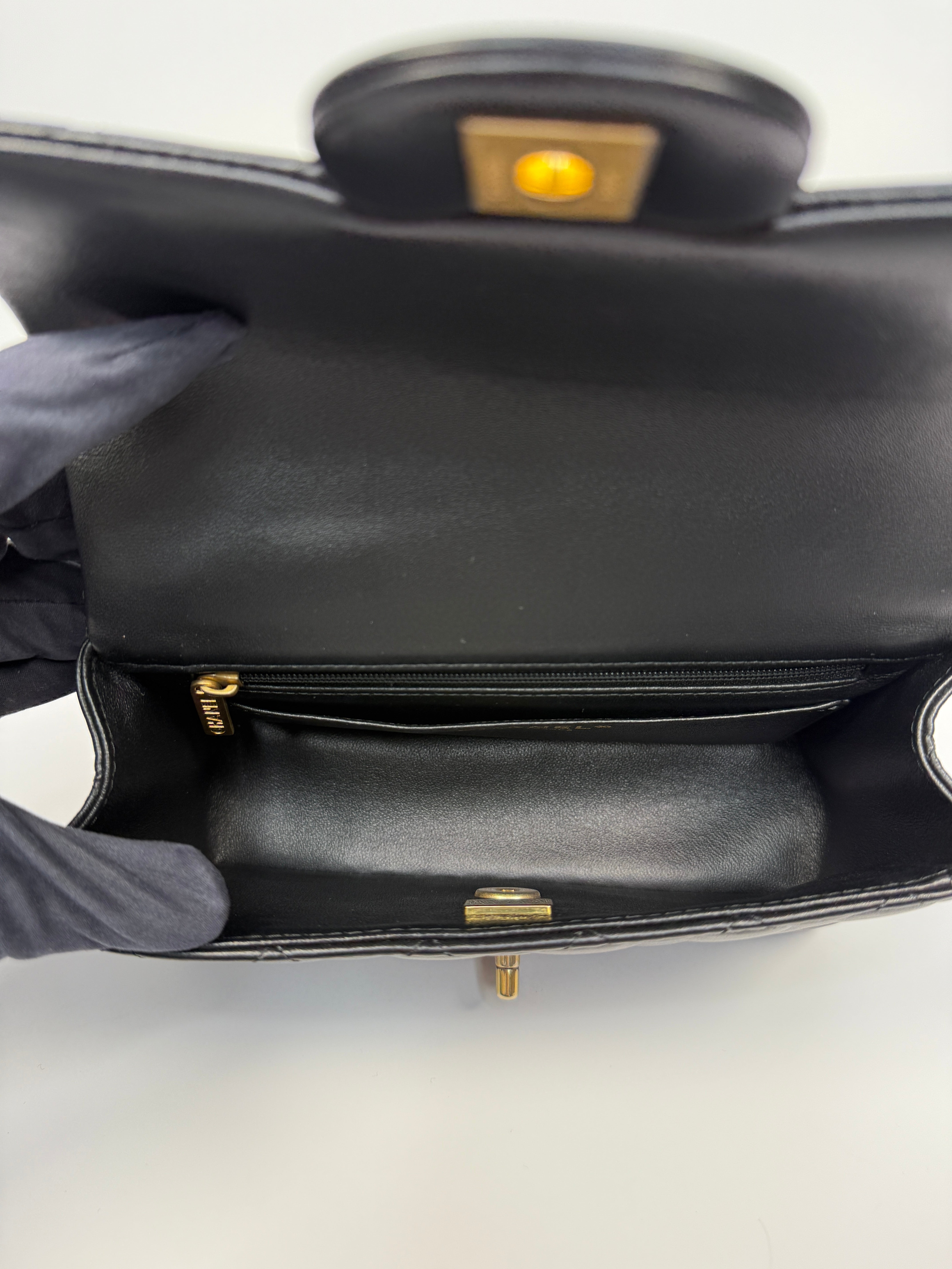 Chanel Mini Rectangle Top Handle Flap Bag In Black Lambskin With GHW