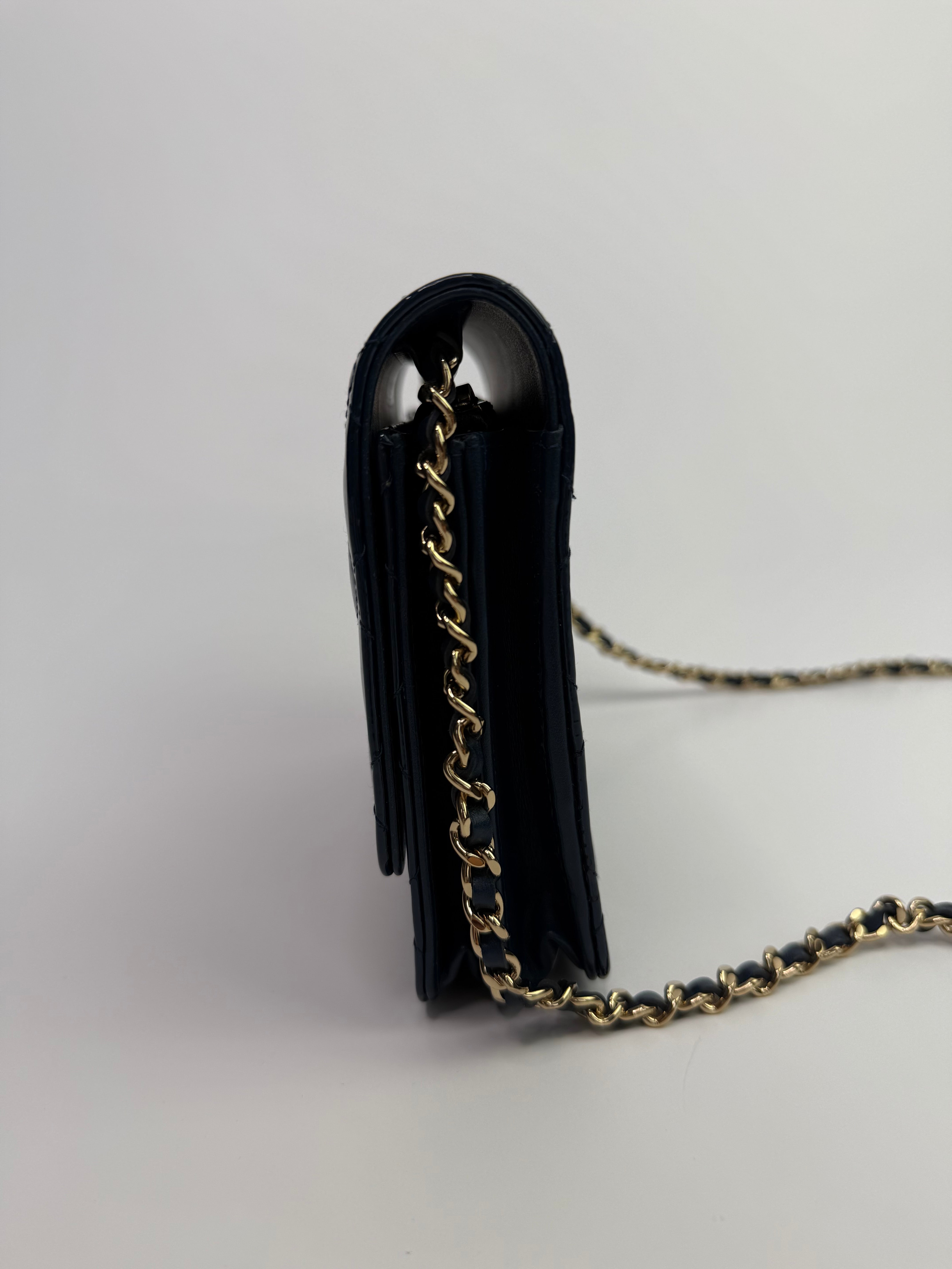 Chanel Square Wallet On Chain In Patent Navy Leather GHW